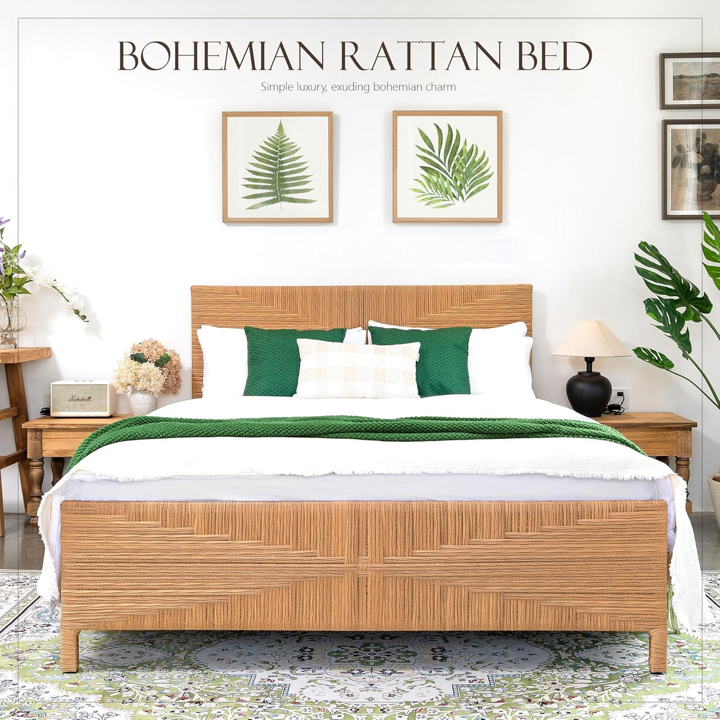 Yechen Home Hand-Woven Rattan Bed with Vintage Headboard
