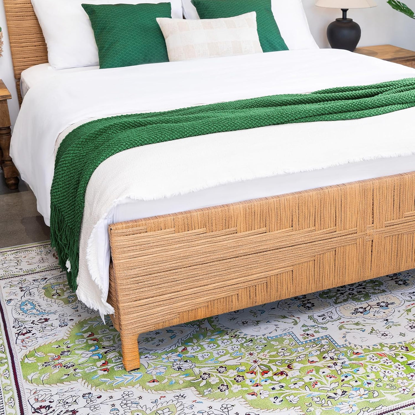 Yechen Home Hand-Woven Rattan Bed with Vintage Headboard