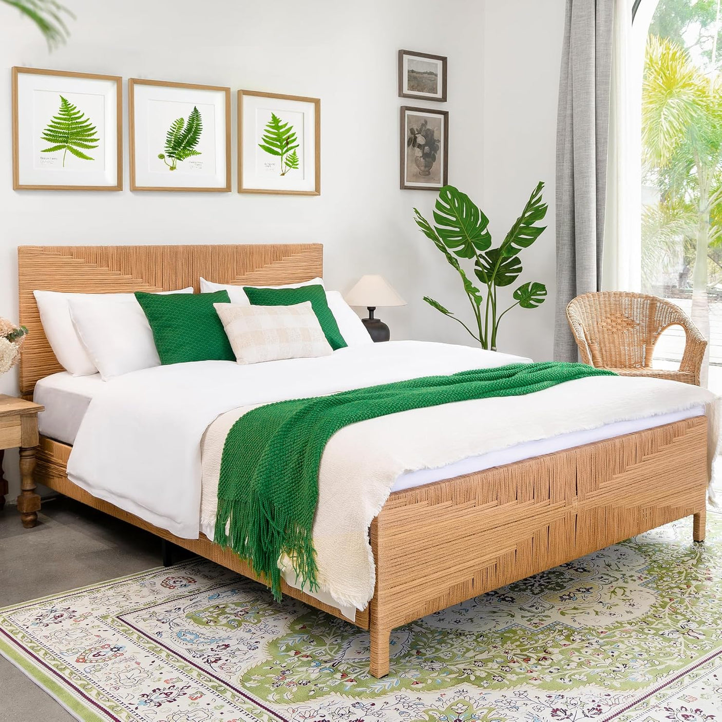 Yechen Home Hand-Woven Rattan Bed with Vintage Headboard