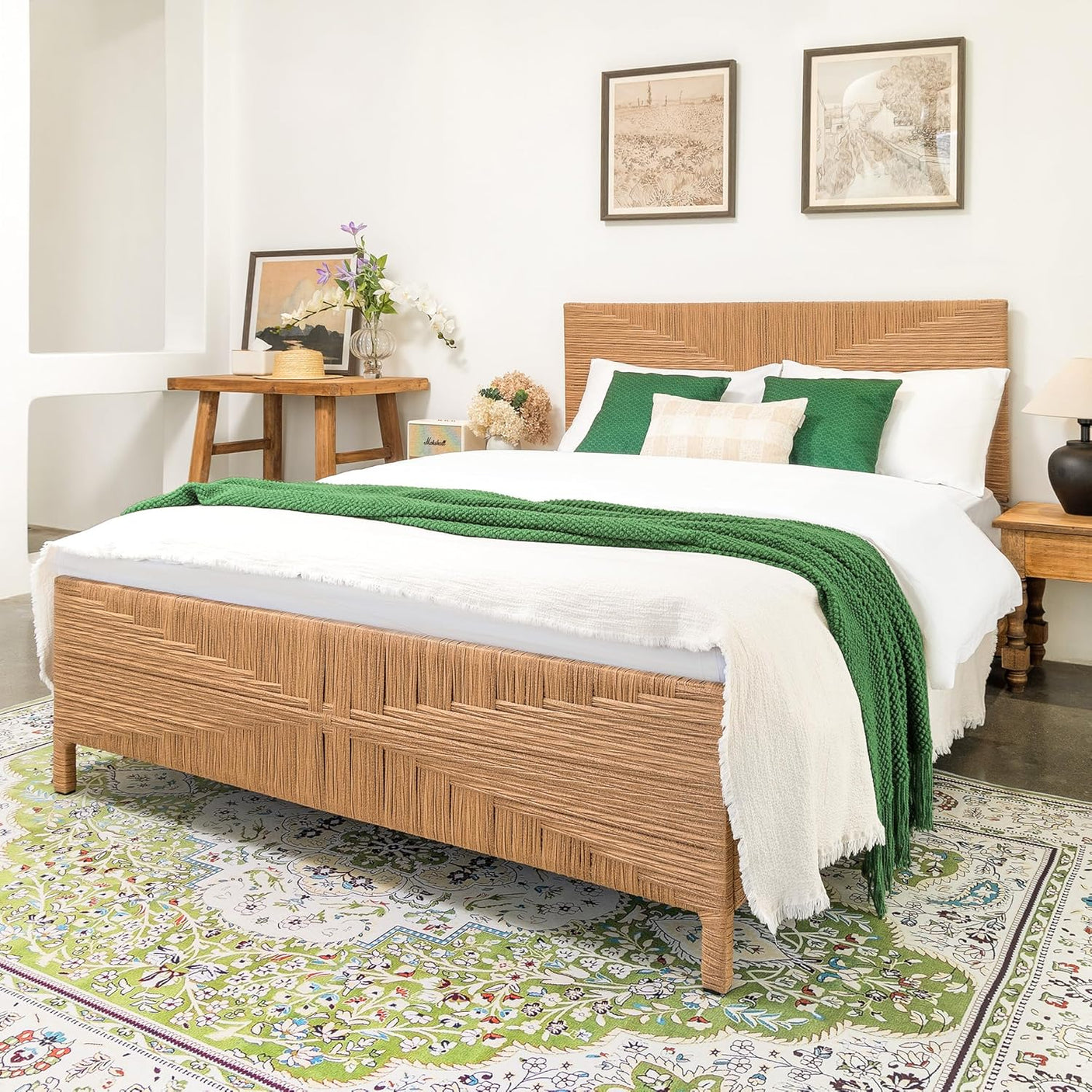 Yechen Home Hand-Woven Rattan Bed with Vintage Headboard