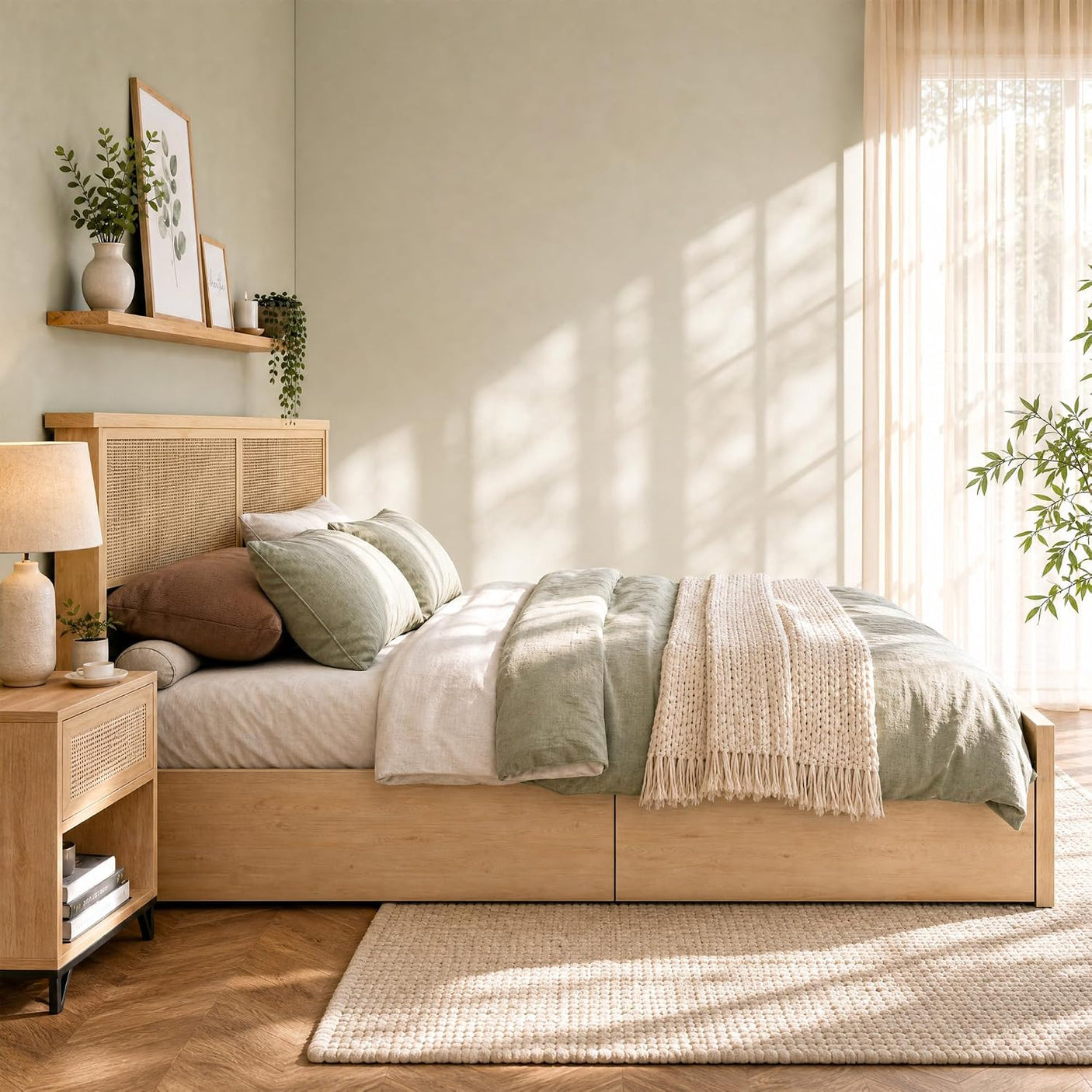 Boho Cane Wood Bed | Natural Rattan Headboard, 4 Storage Drawers, Light Oak Platform Frame