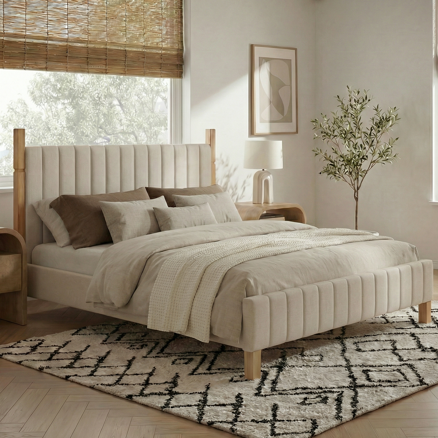 Full Size Natural Wood Bed Frame with Headboard - Modern Platform Bed