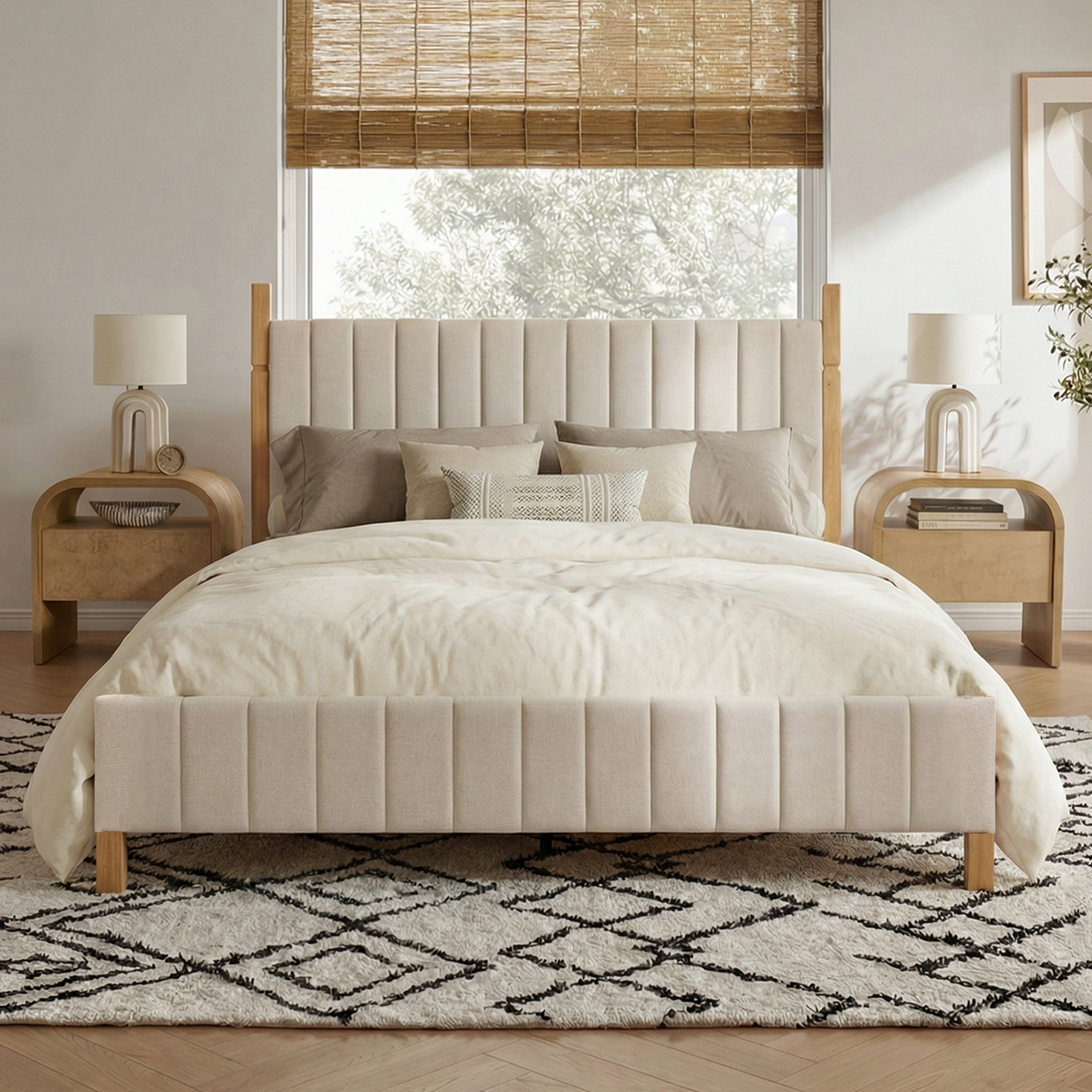 Full Size Natural Wood Bed Frame with Headboard - Modern Platform Bed