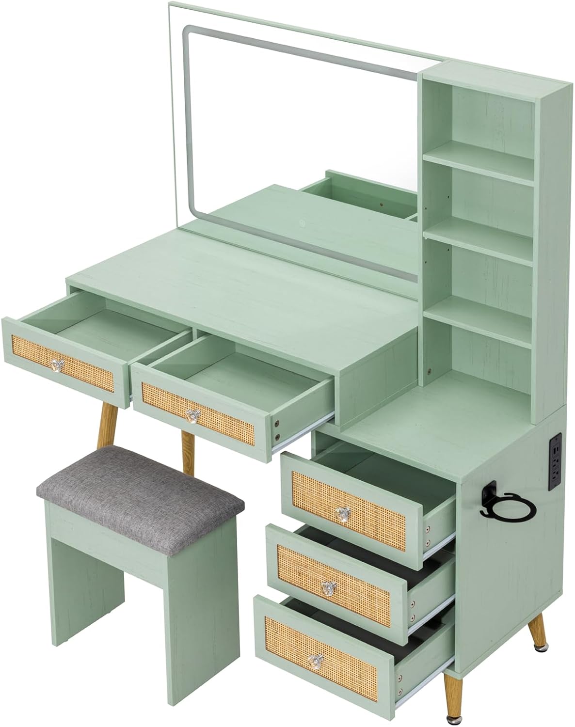 Rattan Makeup Vanity Set with Lighted Mirror & Stool | 43.3" | 5 Drawers | Charging Station | Natural Wood or Mint