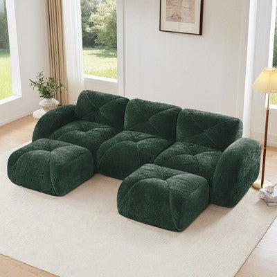 Oversized Modular Tufted Velvet Deep Seat Sofa with Ottomans - 32D Foam, No Assembly Required