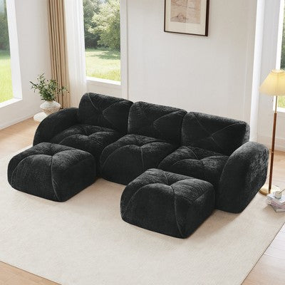 Oversized Modular Tufted Velvet Deep Seat Sofa with Ottomans - 32D Foam, No Assembly Required