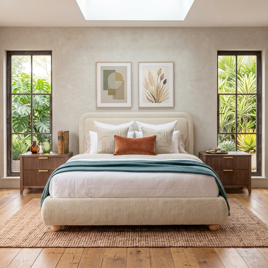 Cloud Boucle Bed Frame | Rounded Headboard, Solid Wood Legs, No Box Spring Needed