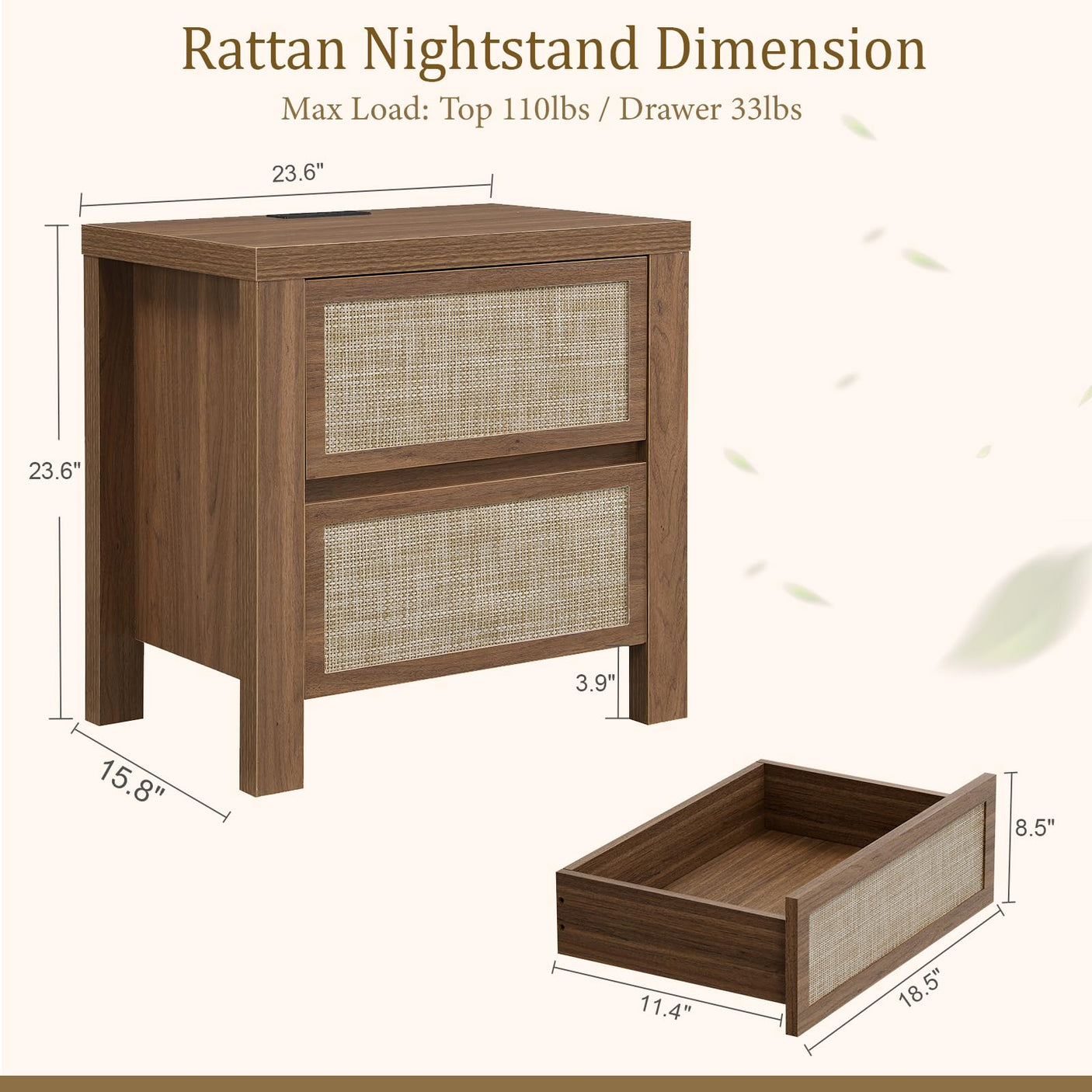 Handmade Rattan Bedside Table Set in Natural Walnut