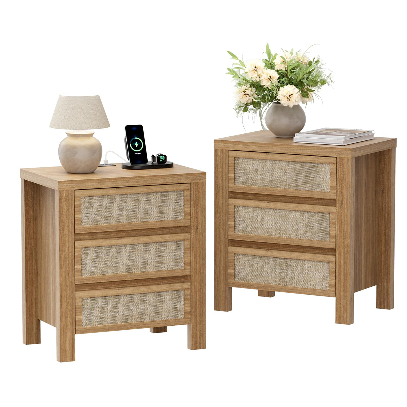 Handmade Rattan Bedside Table Set in Natural Walnut