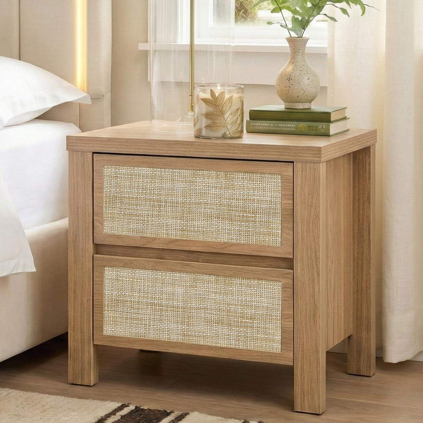 Handmade Rattan Bedside Table Set in Natural Walnut