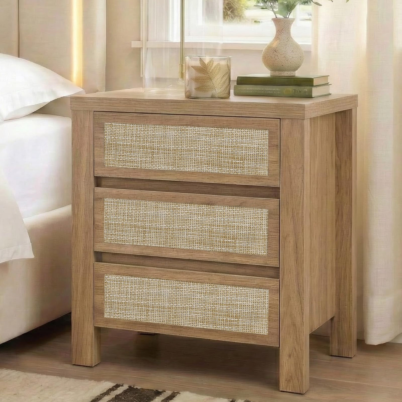 Handmade Rattan Bedside Table Set in Natural Walnut