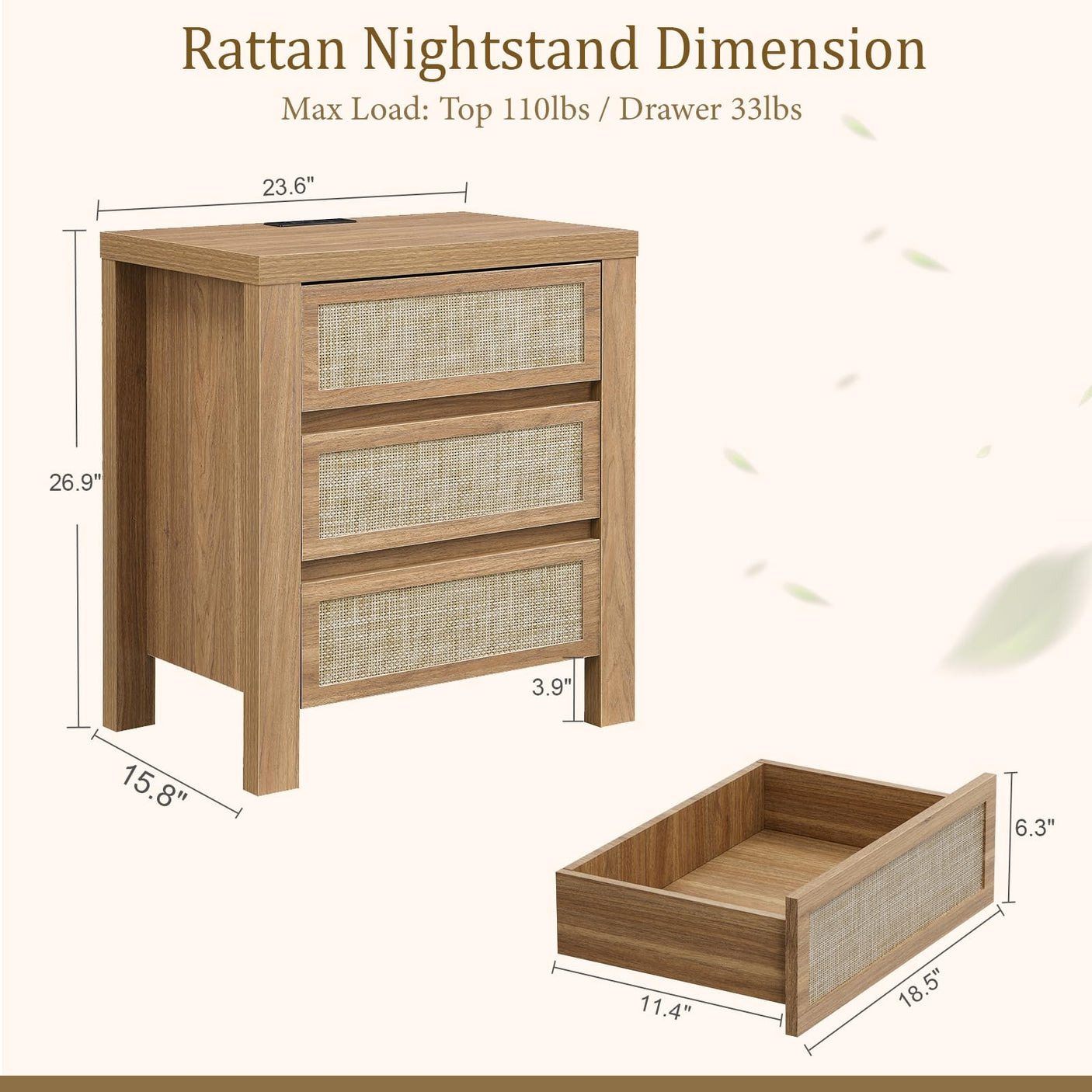 Handmade Rattan Bedside Table Set in Natural Walnut