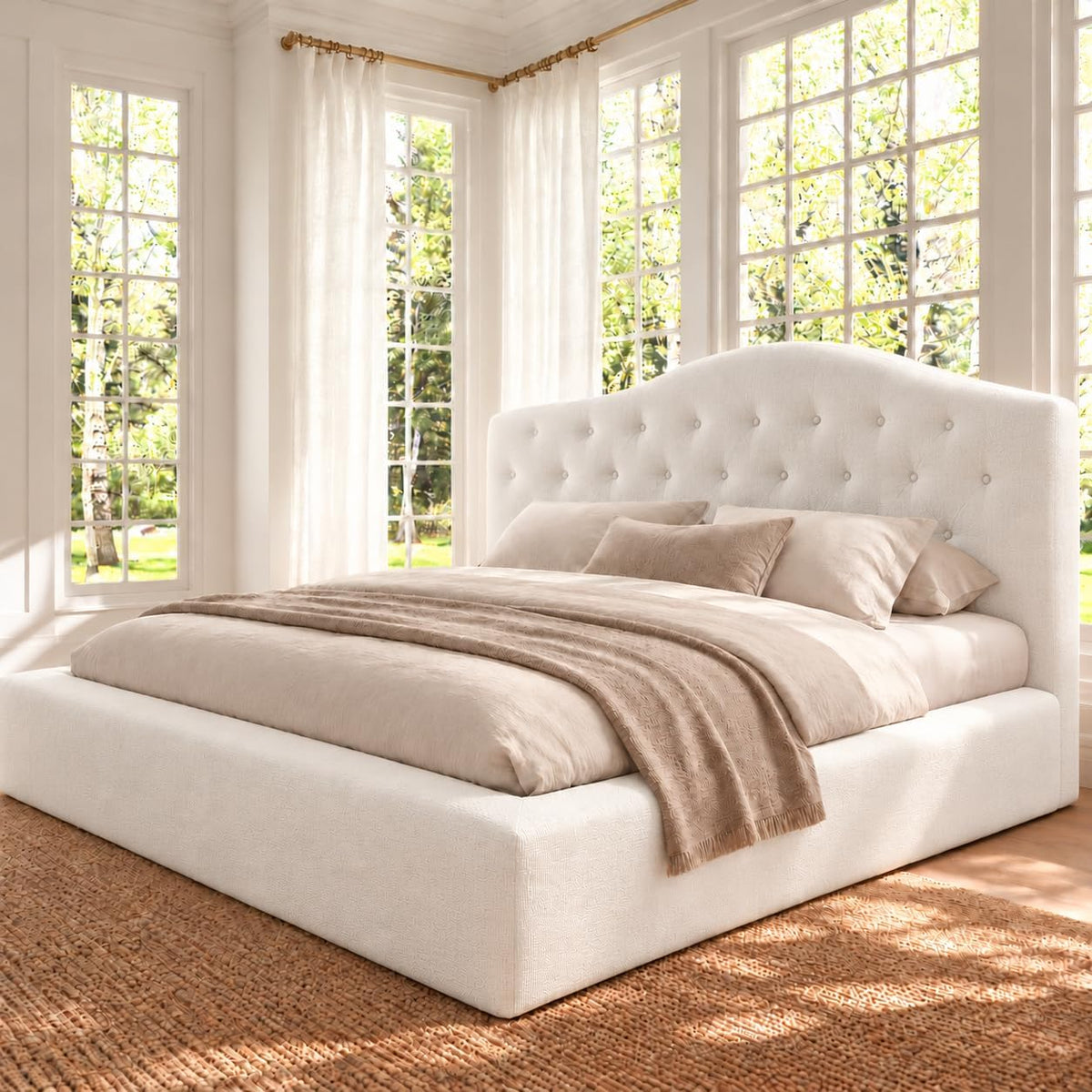 Yechen Cloud Bed Frame, Curved Button-Tufted Headboard, Soft Chenille Upholstered Platform Bed