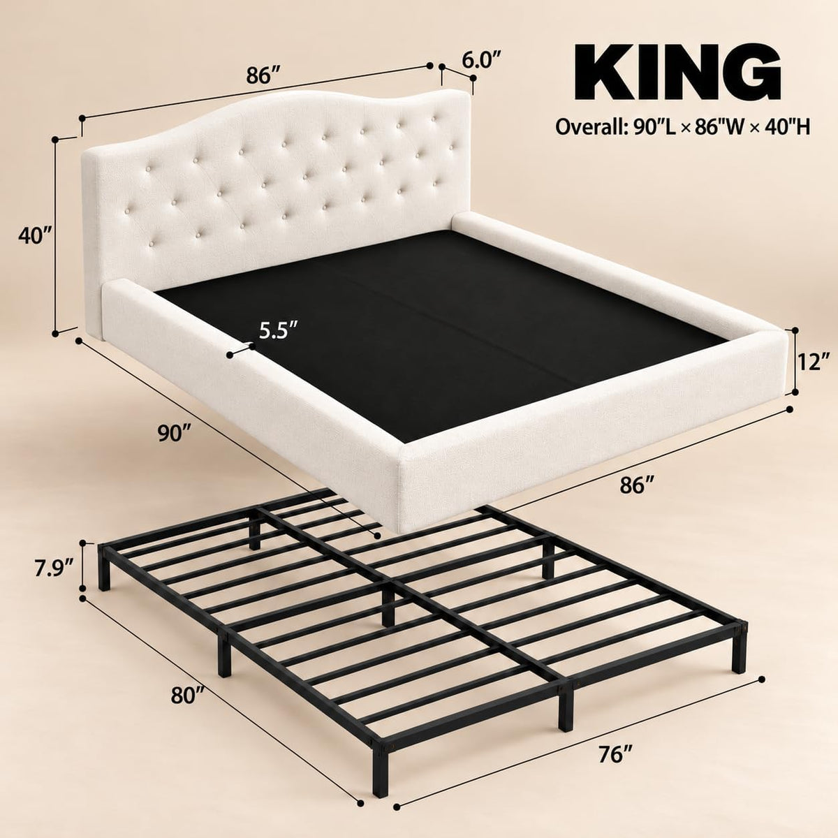 Yechen Cloud Bed Frame, Curved Button-Tufted Headboard, Soft Chenille Upholstered Platform Bed