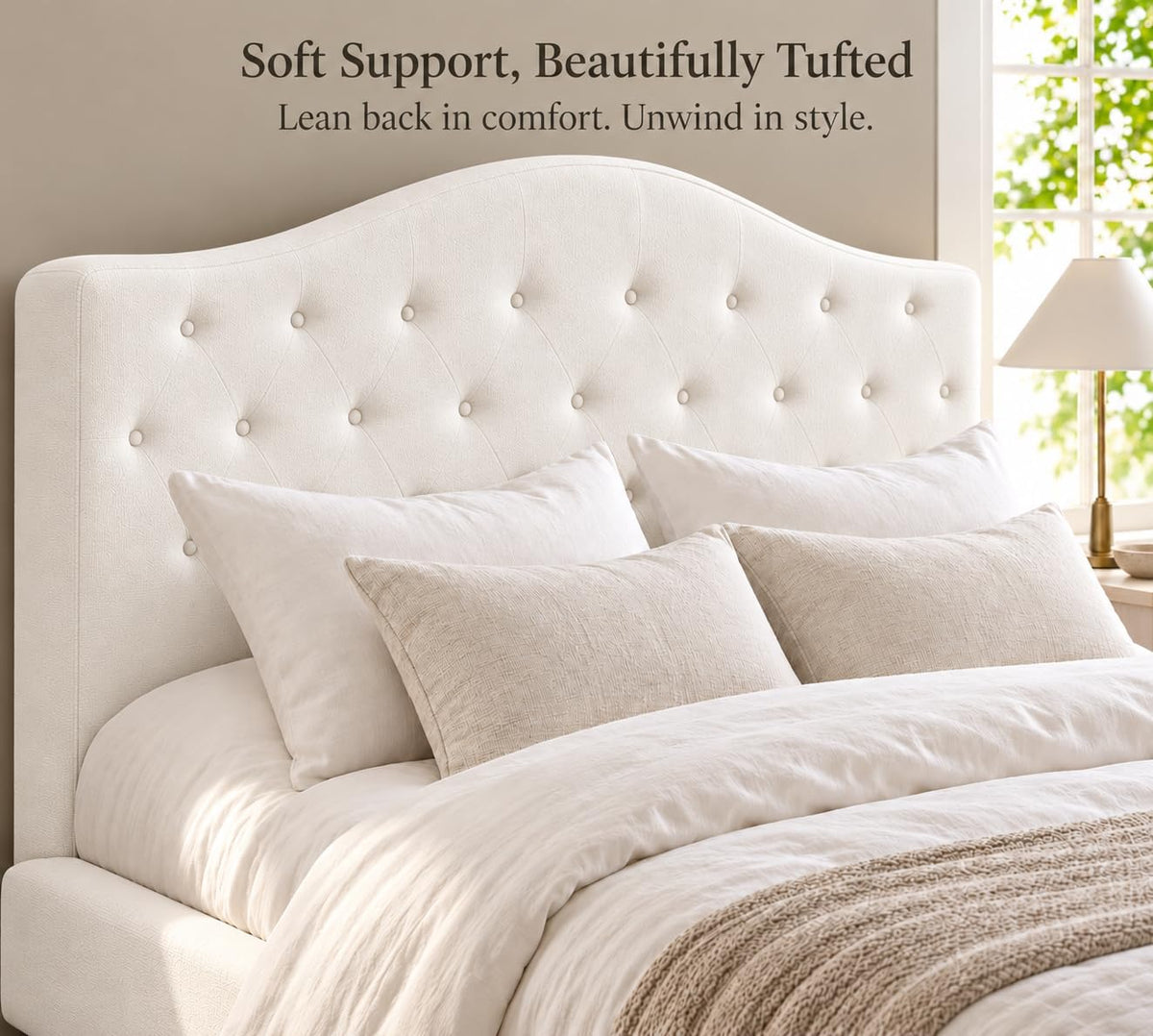 Yechen Cloud Bed Frame, Curved Button-Tufted Headboard, Soft Chenille Upholstered Platform Bed