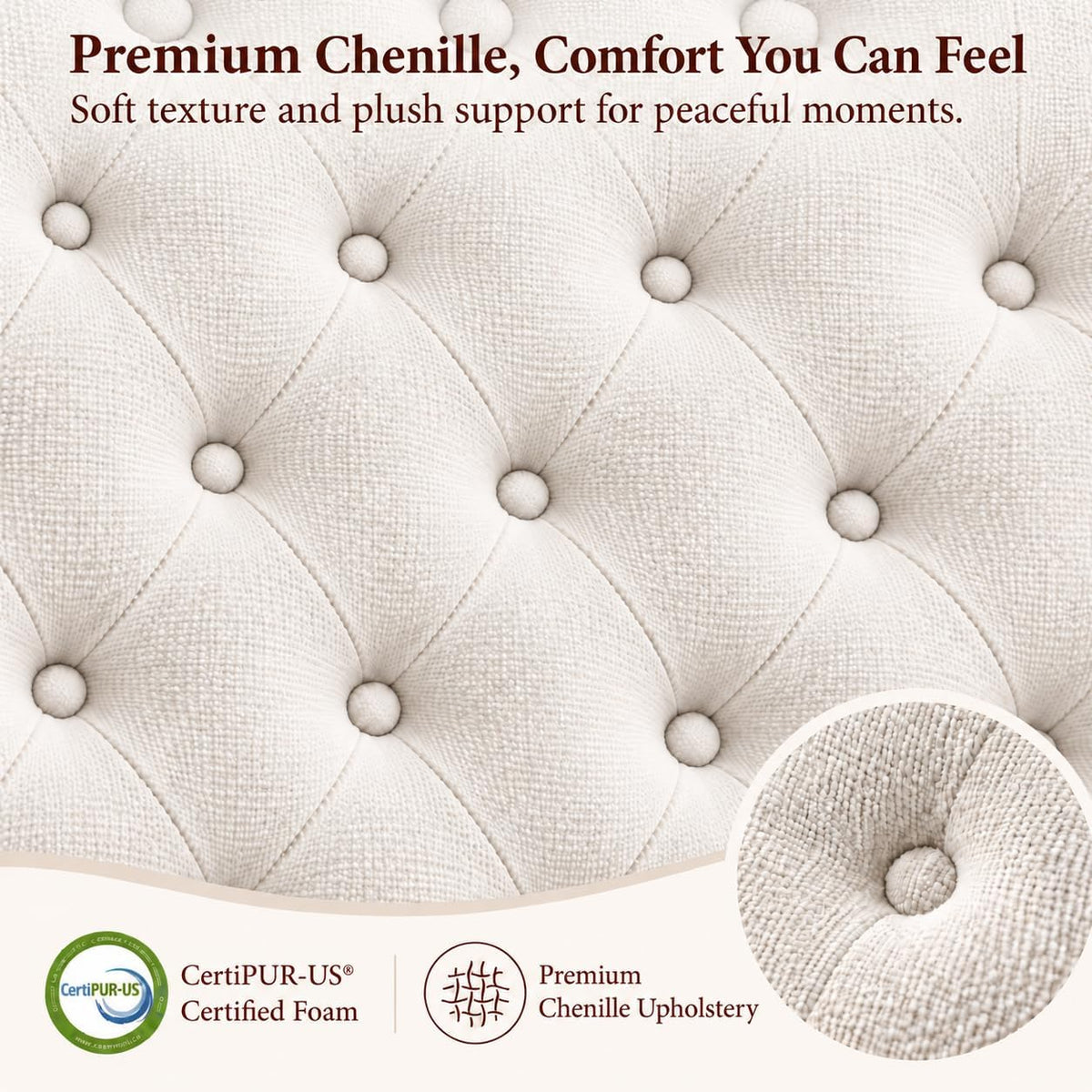 Yechen Cloud Bed Frame, Curved Button-Tufted Headboard, Soft Chenille Upholstered Platform Bed