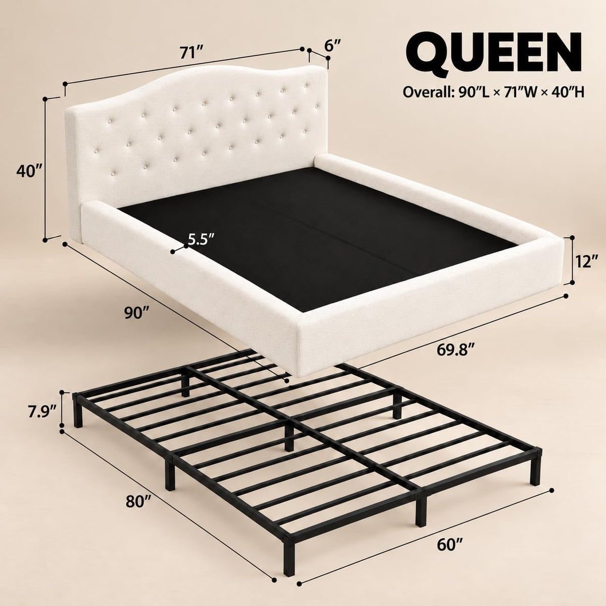 Yechen Cloud Bed Frame, Curved Button-Tufted Headboard, Soft Chenille Upholstered Platform Bed