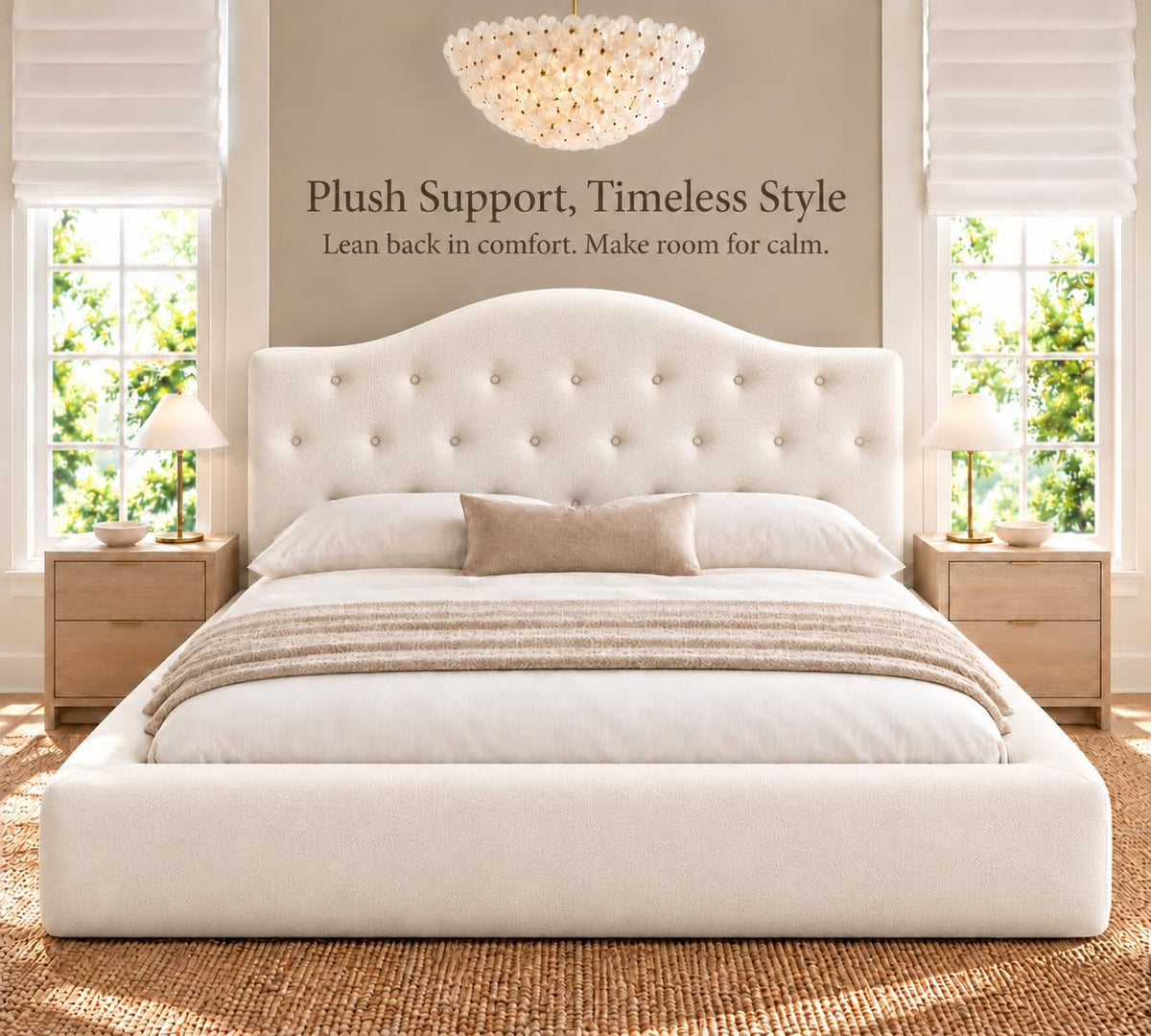 Yechen Cloud Bed Frame, Curved Button-Tufted Headboard, Soft Chenille Upholstered Platform Bed