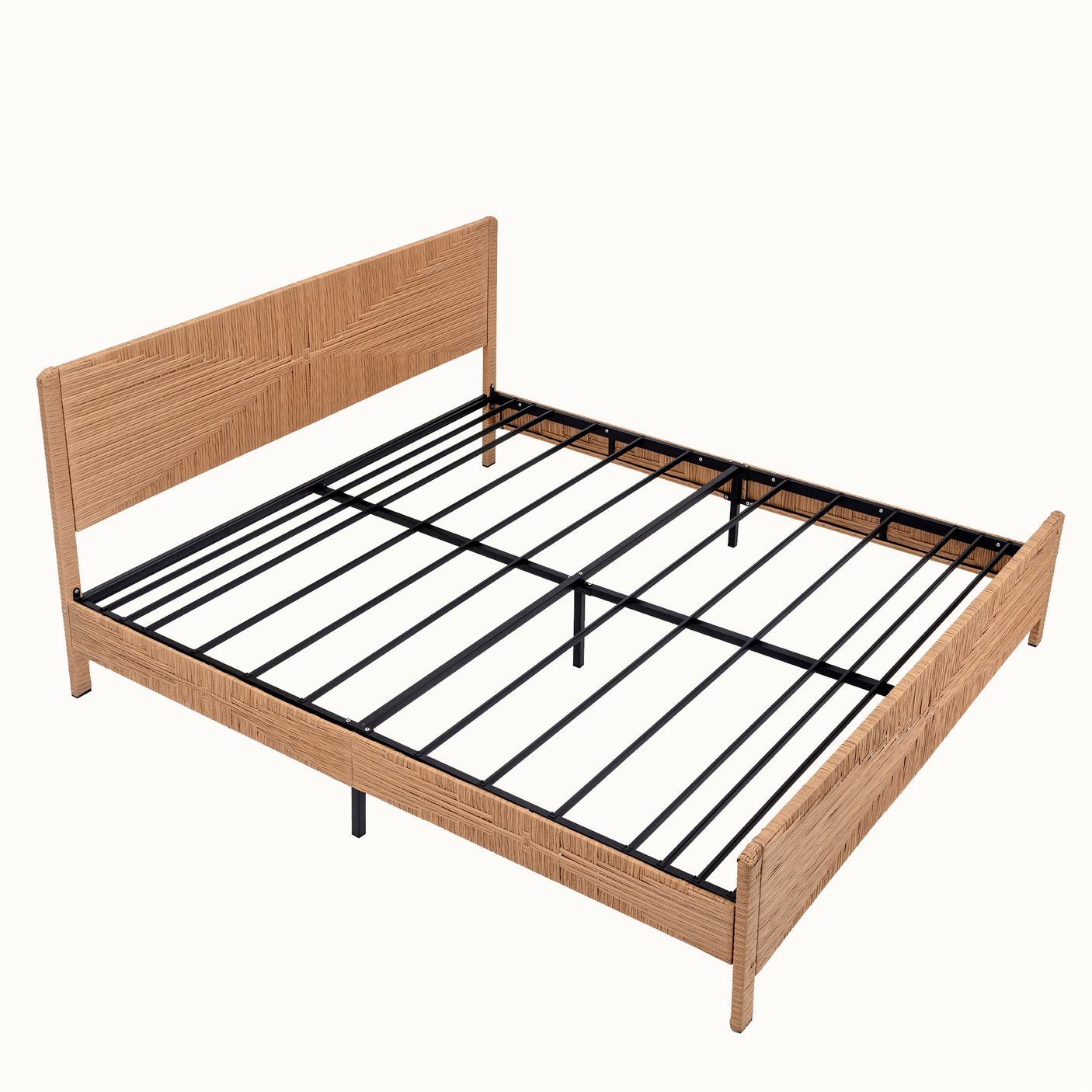 Bohemian Rattan Queen Bed Frame with Headboard and Footboard