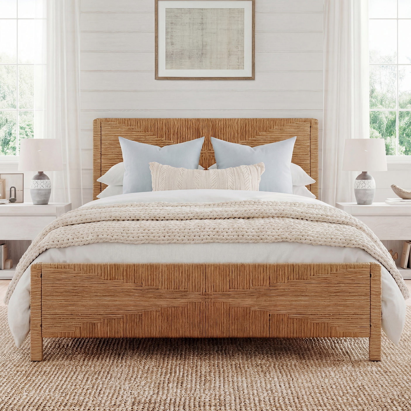Bohemian Rattan Queen Bed Frame with Headboard and Footboard