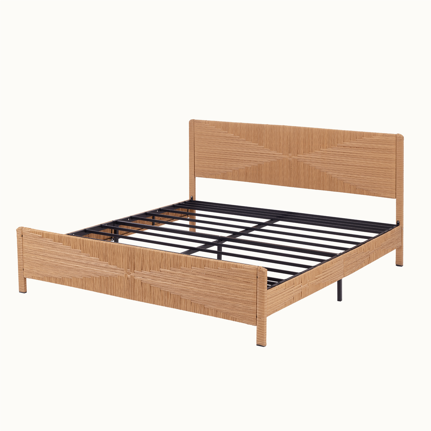 Bohemian Rattan Queen Bed Frame with Headboard and Footboard