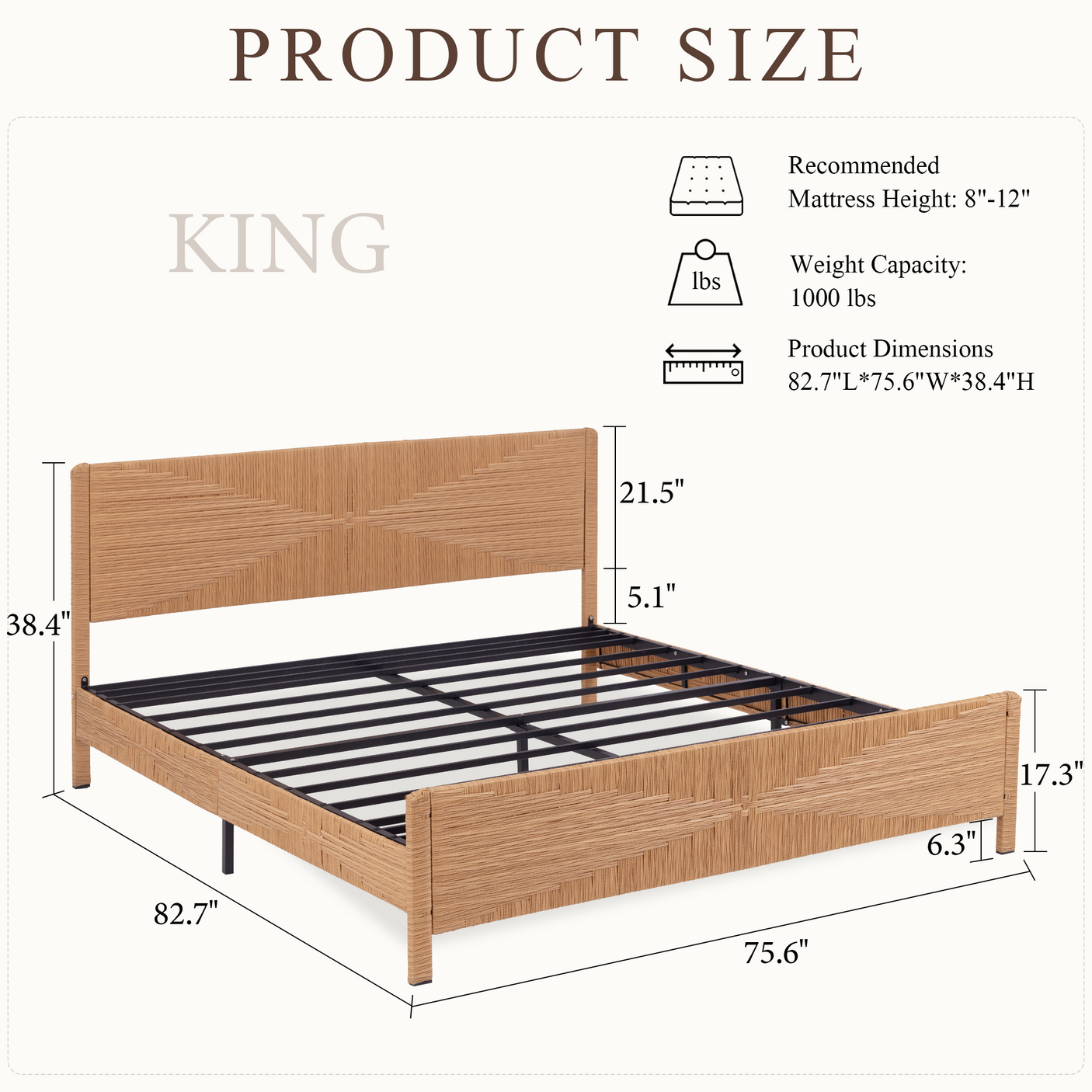 Bohemian Rattan Queen Bed Frame with Headboard and Footboard