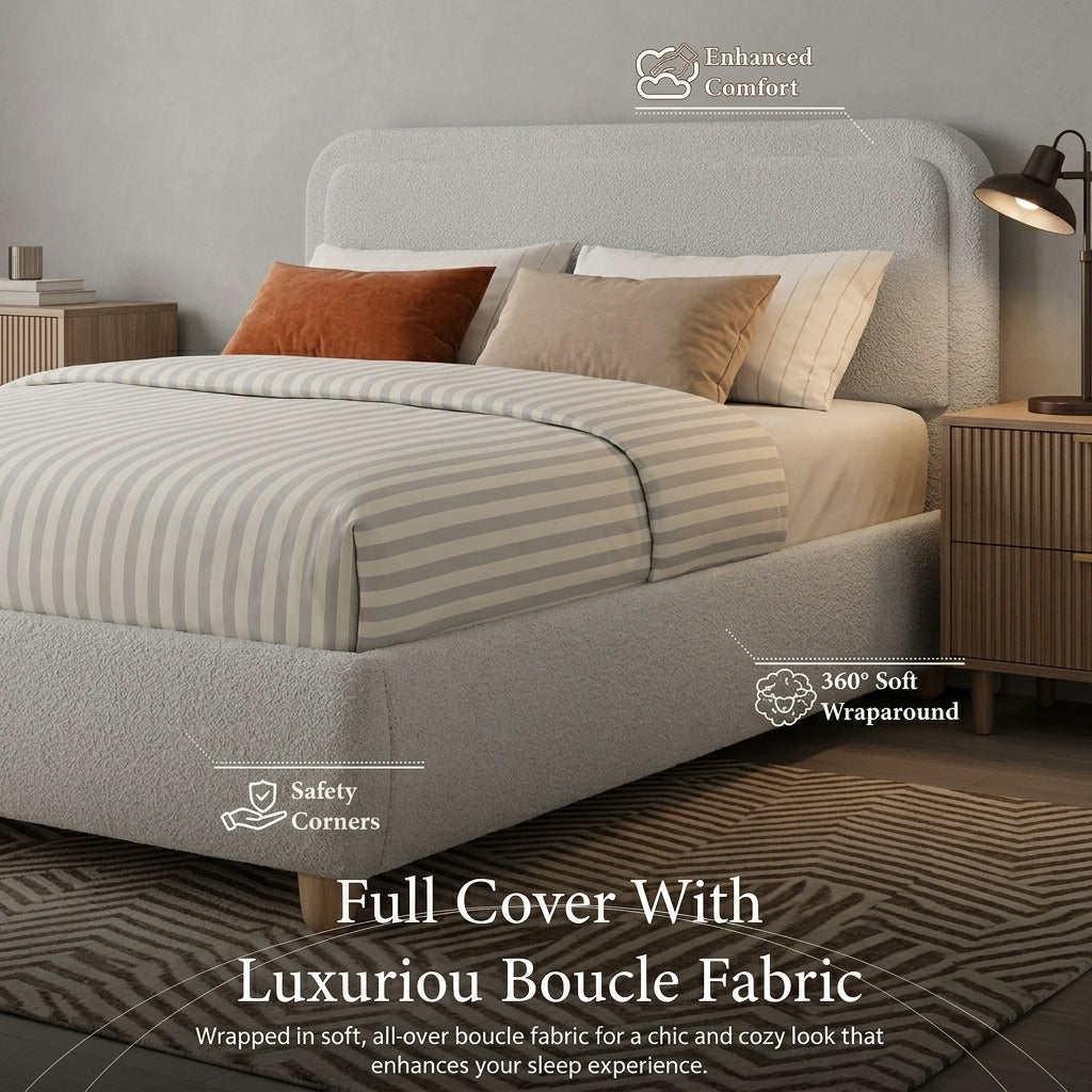 Cloud Boucle Bed Frame | Rounded Headboard, Solid Wood Legs, No Box Spring Needed