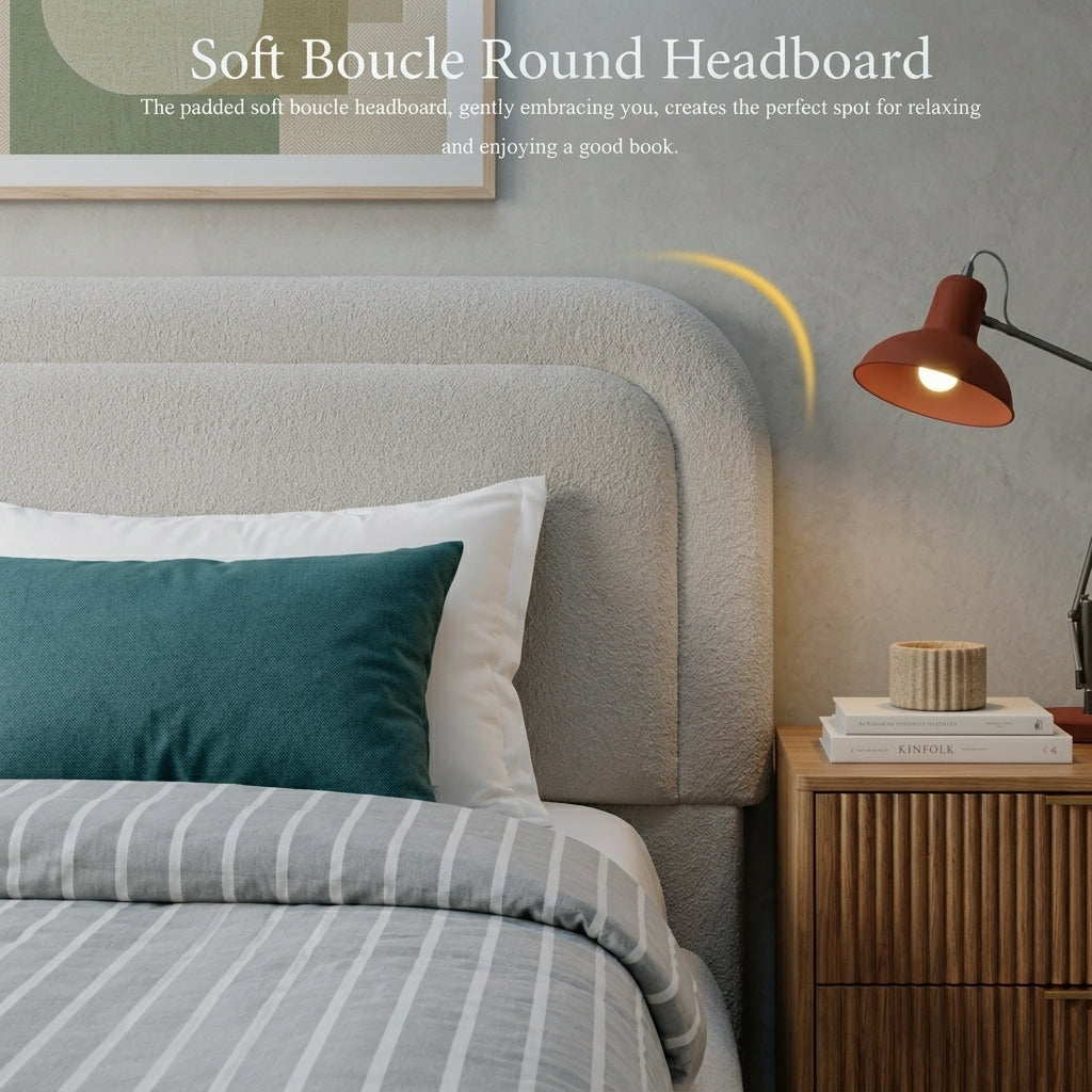 Cloud Boucle Bed Frame | Rounded Headboard, Solid Wood Legs, No Box Spring Needed