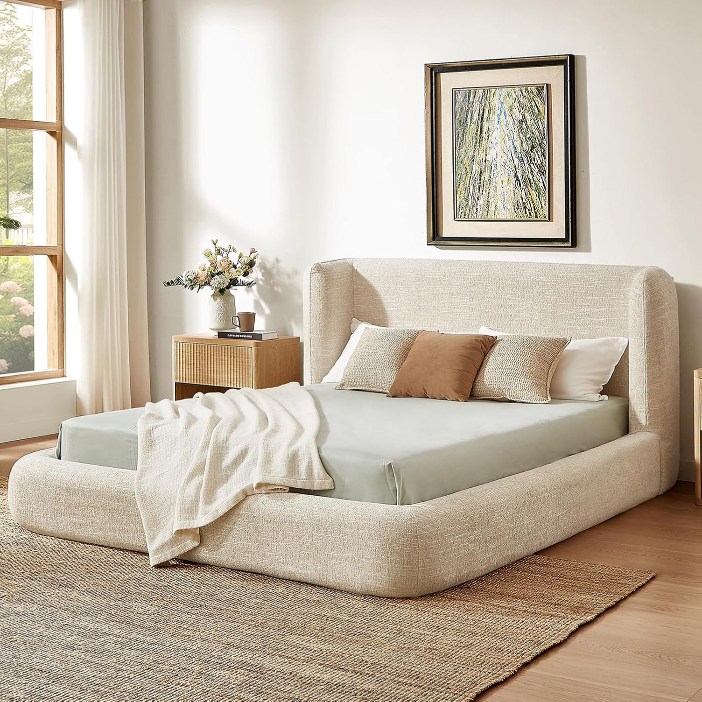 YECHEN Cloud Bed Frame - Modern Water-Resistant Bouclé Upholstered Platform Bed, Tool-Free Assembly, No Box Spring Needed
