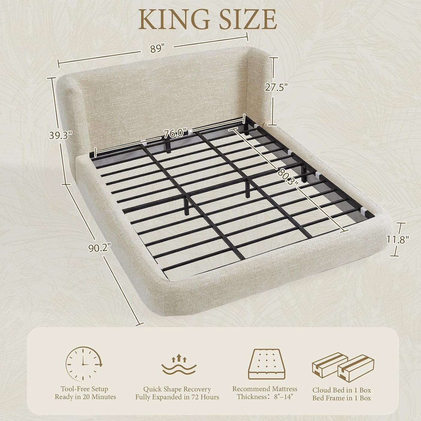 YECHEN Cloud Bed Frame - Modern Water-Resistant Bouclé Upholstered Platform Bed, Tool-Free Assembly, No Box Spring Needed