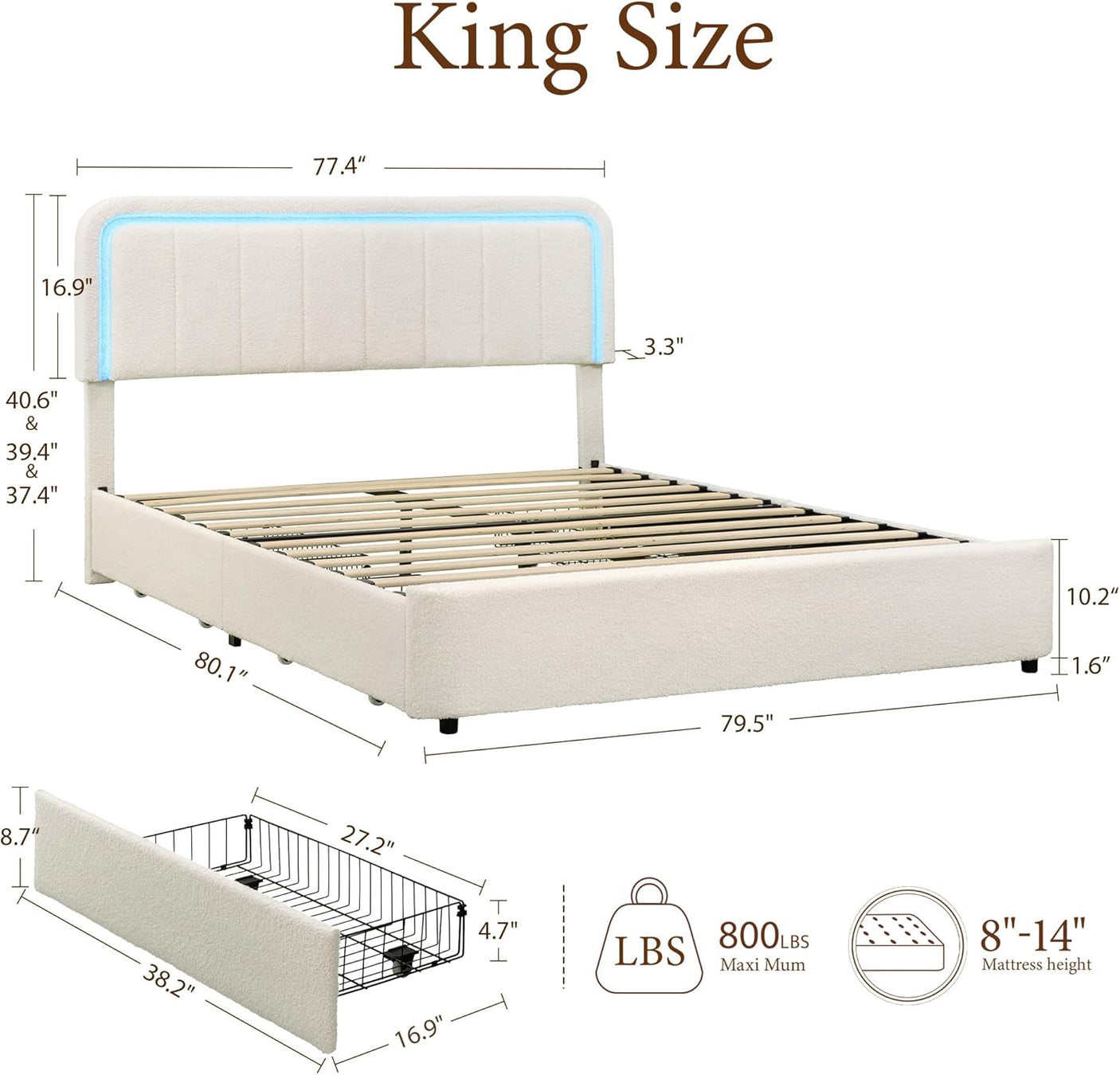 Yechen Luxe Bouclé Platform Bed Frame with Integrated Smart LED Lighting