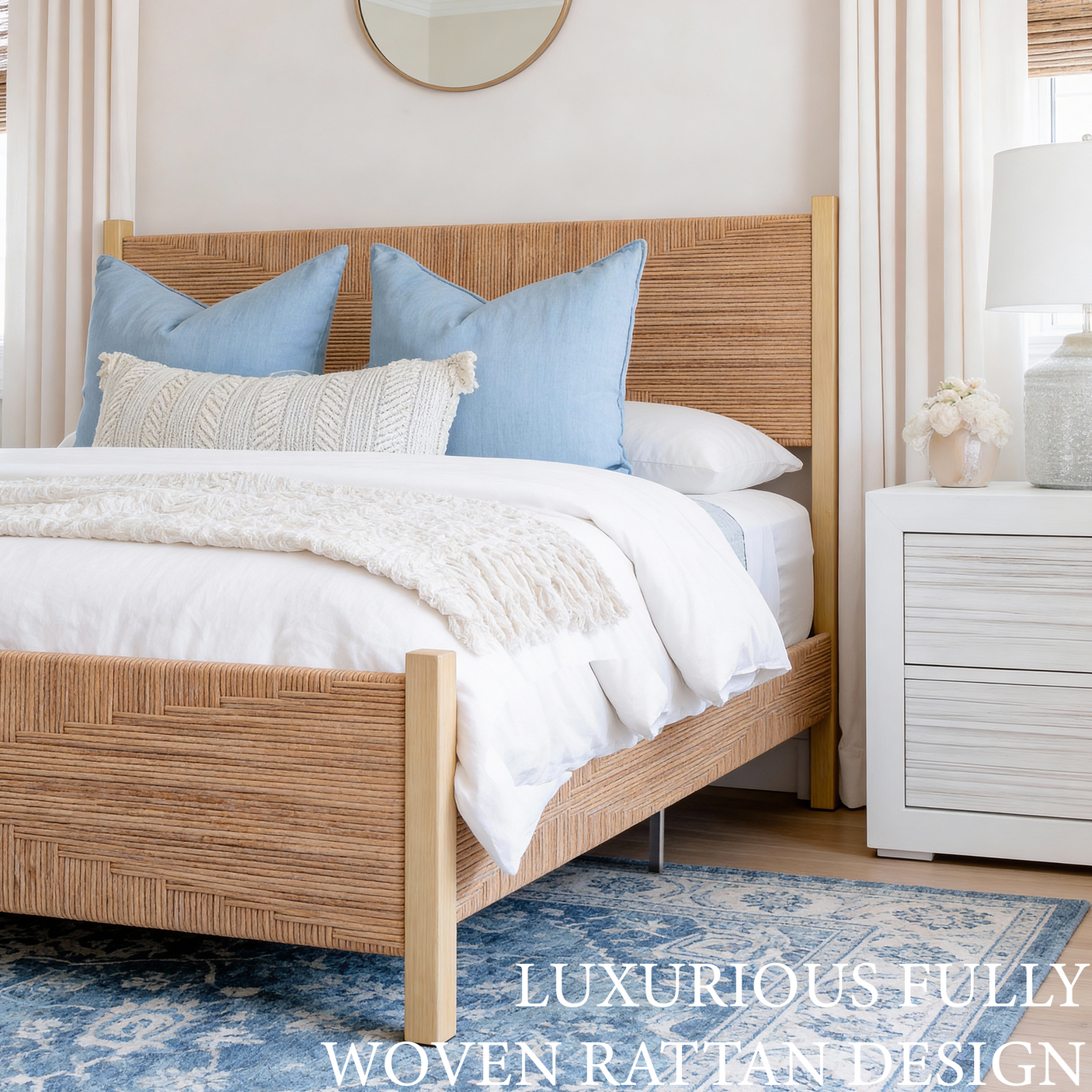 Yechen Solid Wood Rattan Bed Frame | Tall Headboard, Boho Mid-Century Style, No Box Spring Needed