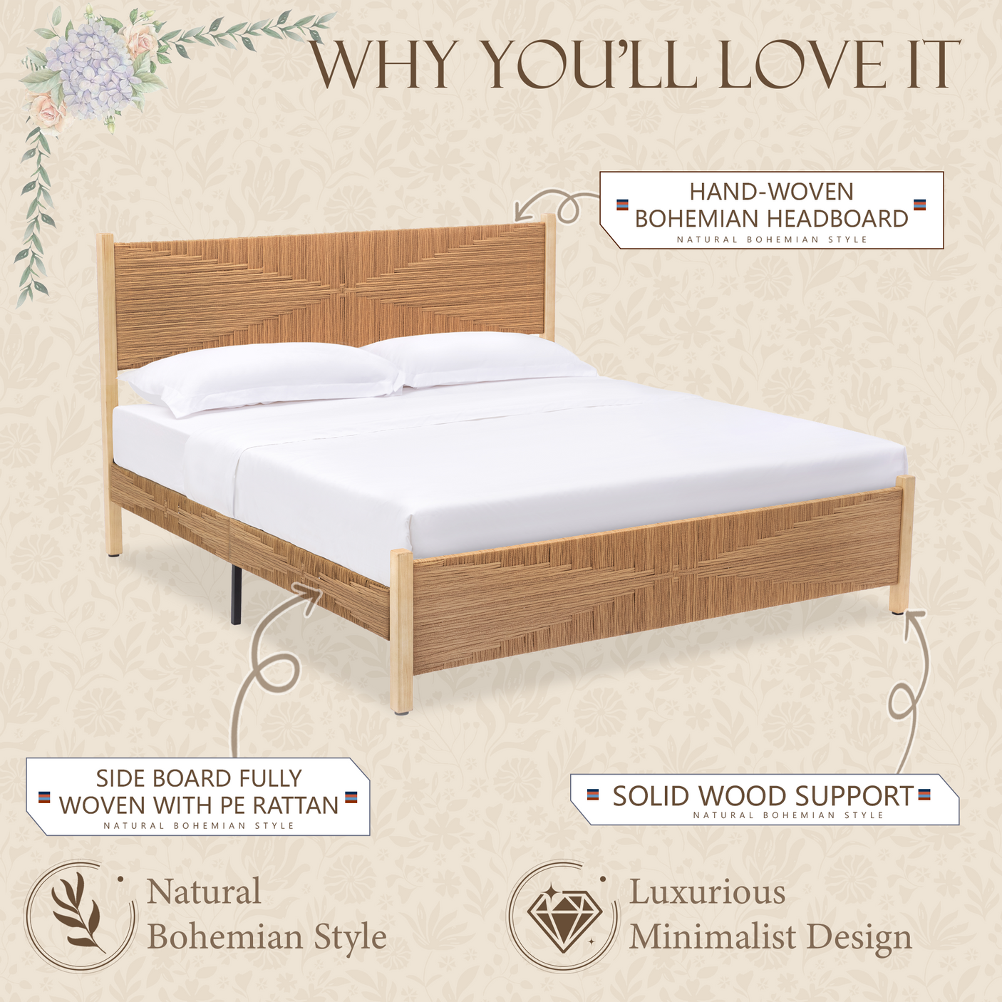Yechen Solid Wood Rattan Bed Frame | Tall Headboard, Boho Mid-Century Style, No Box Spring Needed