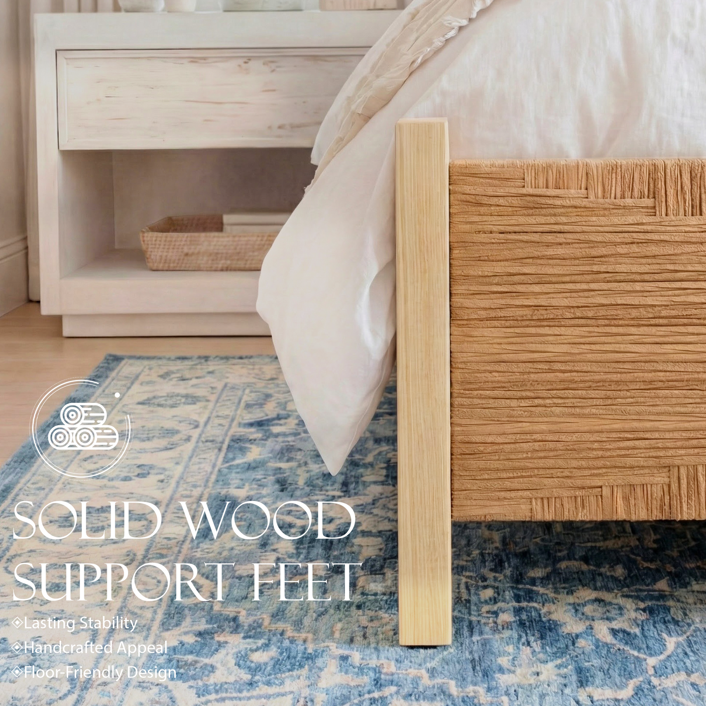 Yechen Solid Wood Rattan Bed Frame | Tall Headboard, Boho Mid-Century Style, No Box Spring Needed