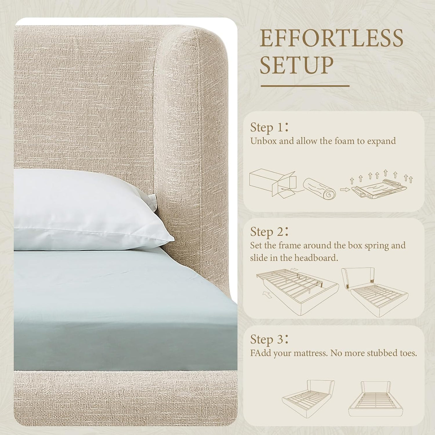 YECHEN Cloud Bed Frame - Modern Water-Resistant Bouclé Upholstered Platform Bed, Tool-Free Assembly, No Box Spring Needed