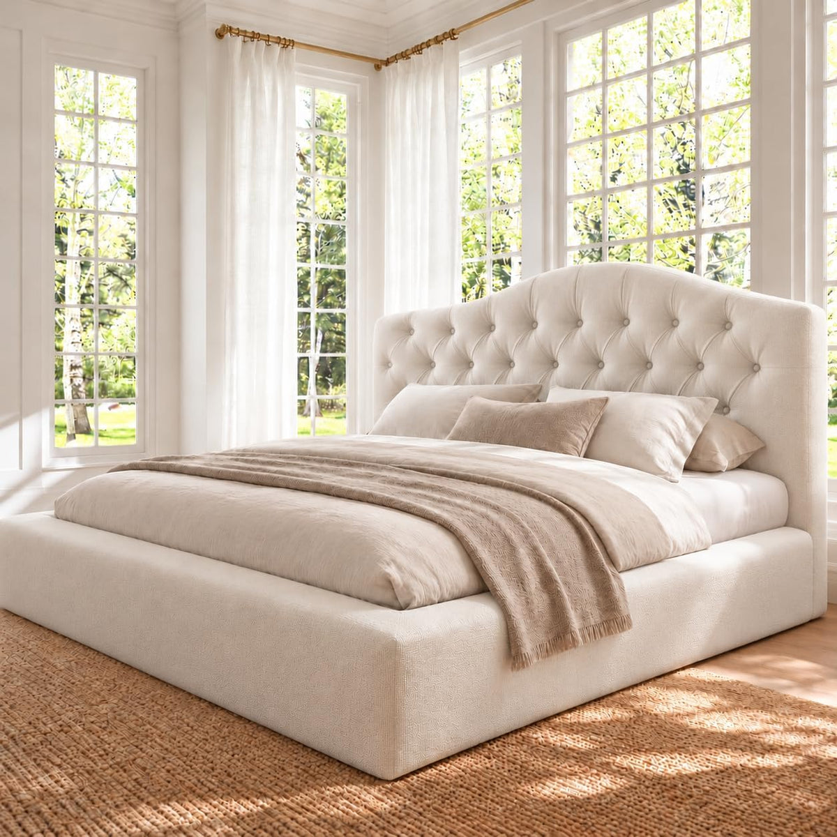 Yechen Cloud Bed Frame, Curved Button-Tufted Headboard, Soft Chenille Upholstered Platform Bed
