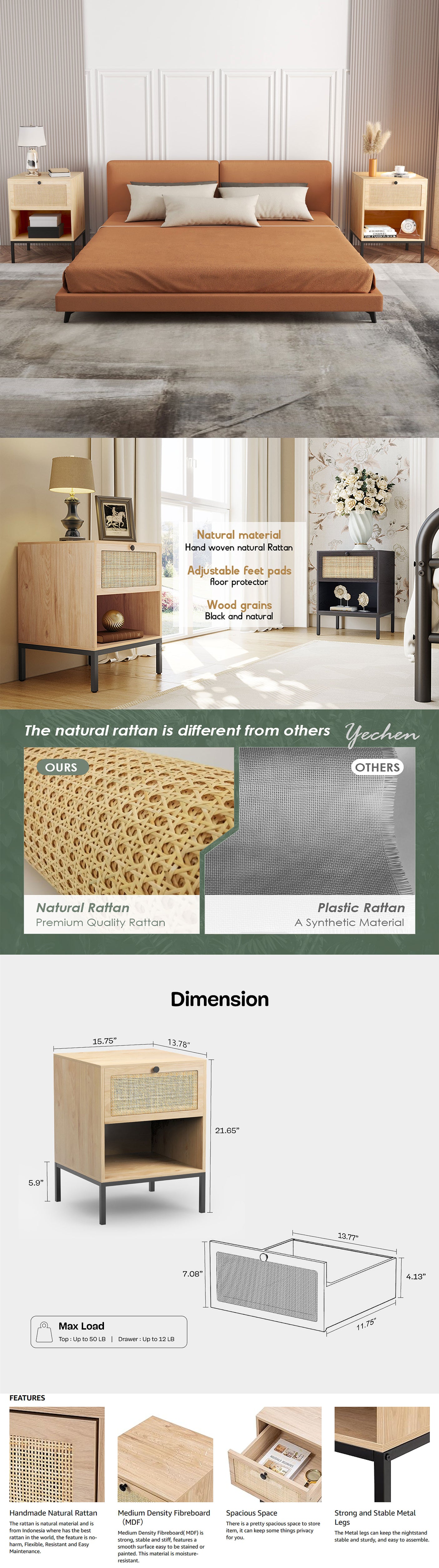 Boho Rattan Drawers Sidetable Nightstand 2 Packs