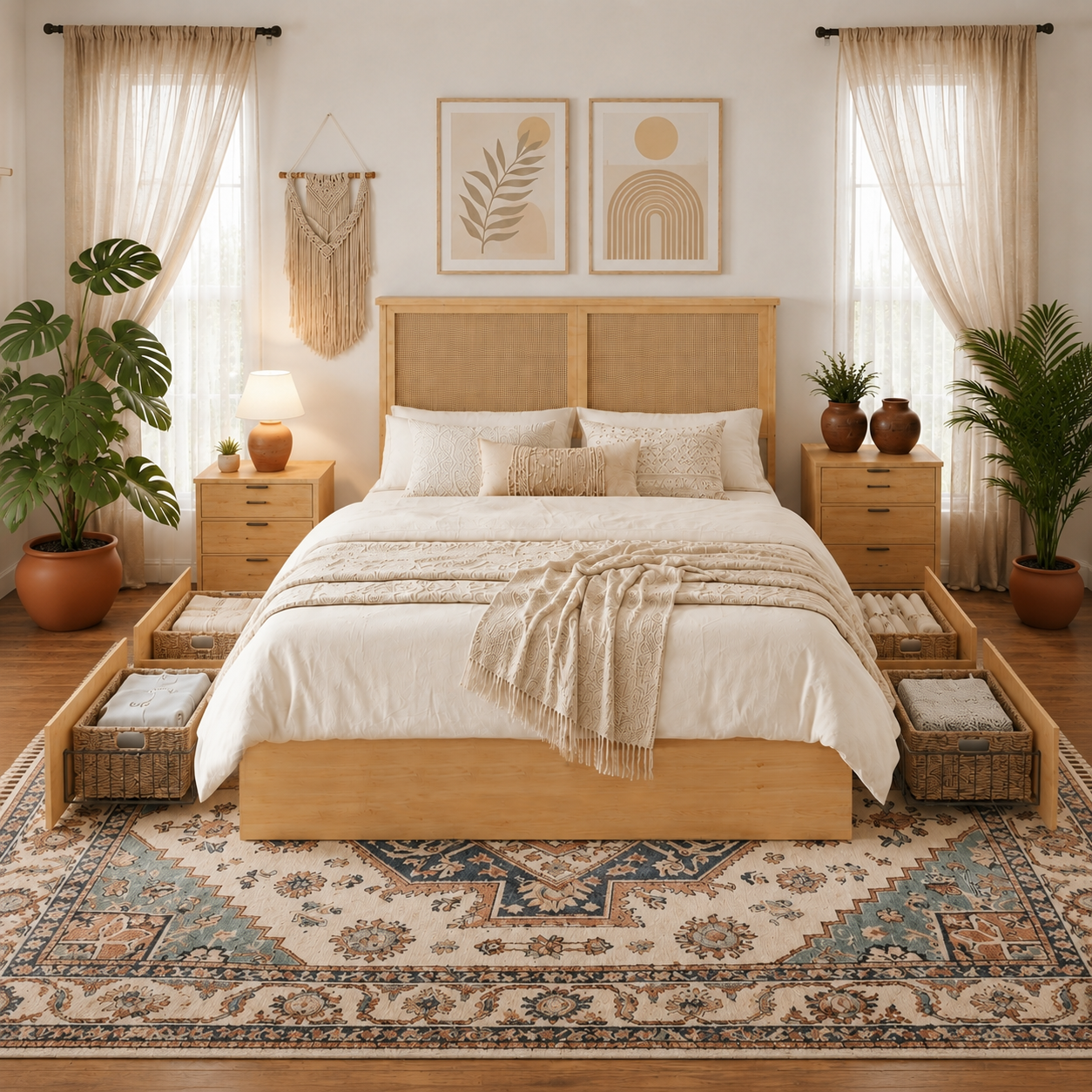 Boho Natural Rattan Bed Frame with 4 Storage Drawers | Sturdy Metal Support