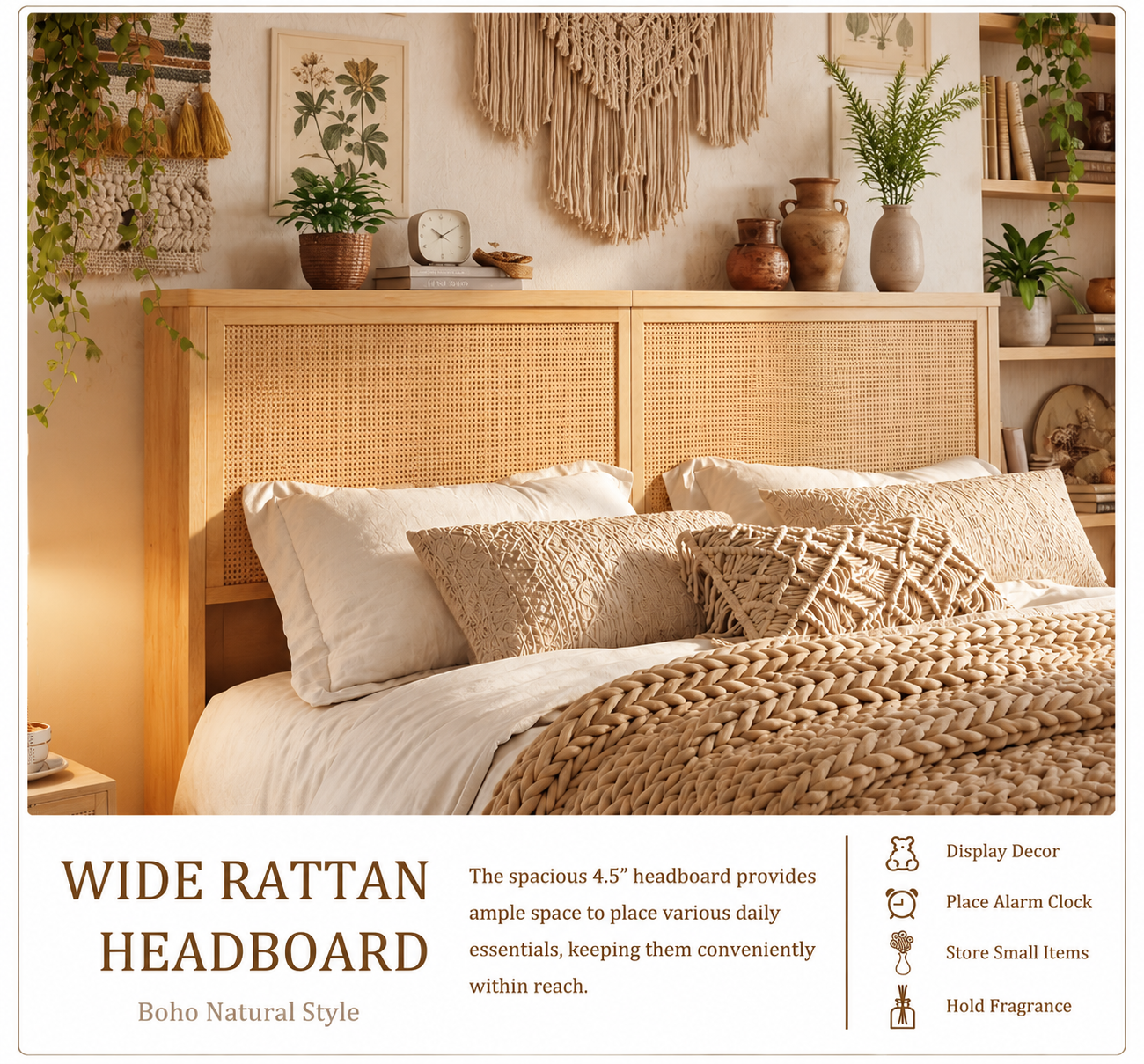 Boho Natural Rattan Bed Frame with 4 Storage Drawers | Sturdy Metal Support
