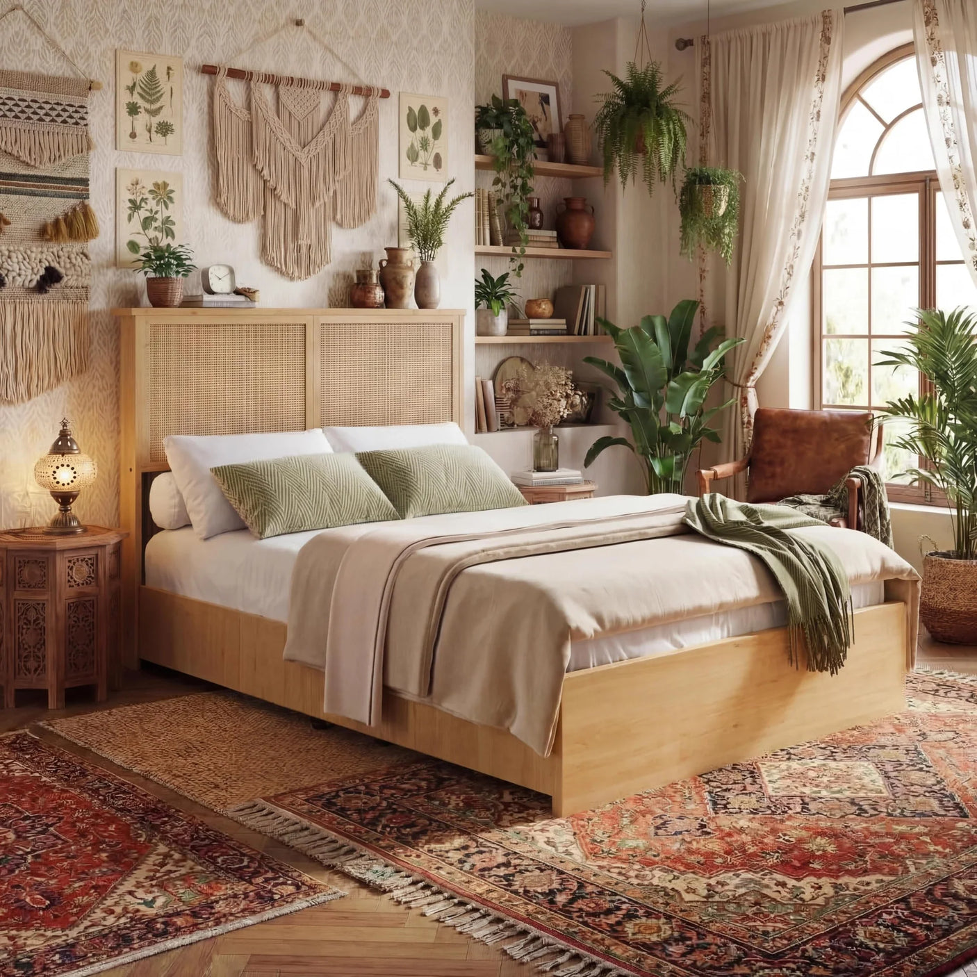 Boho Natural Rattan Bed Frame with 4 Storage Drawers | Sturdy Metal Support