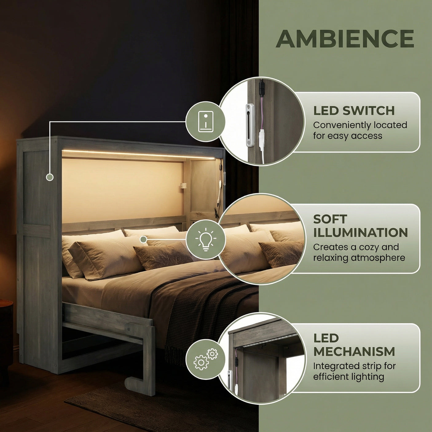 Twin Size Murphy Bed with LED Lights, Foldable Wall Bed Frame