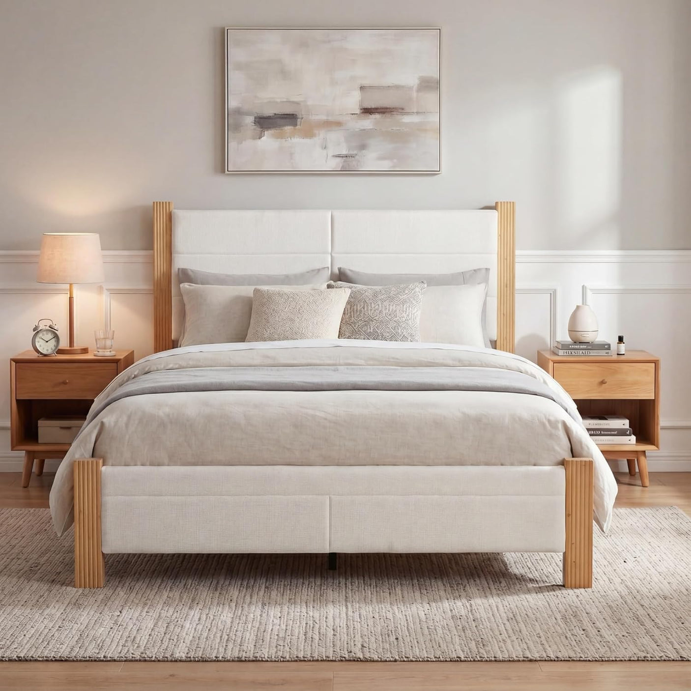 Yechen Upholstered Bed Frame with 47" Tall Headboard, Fluted Panel, Solid Pine Wood Legs, No Box Spring Needed, Off-White