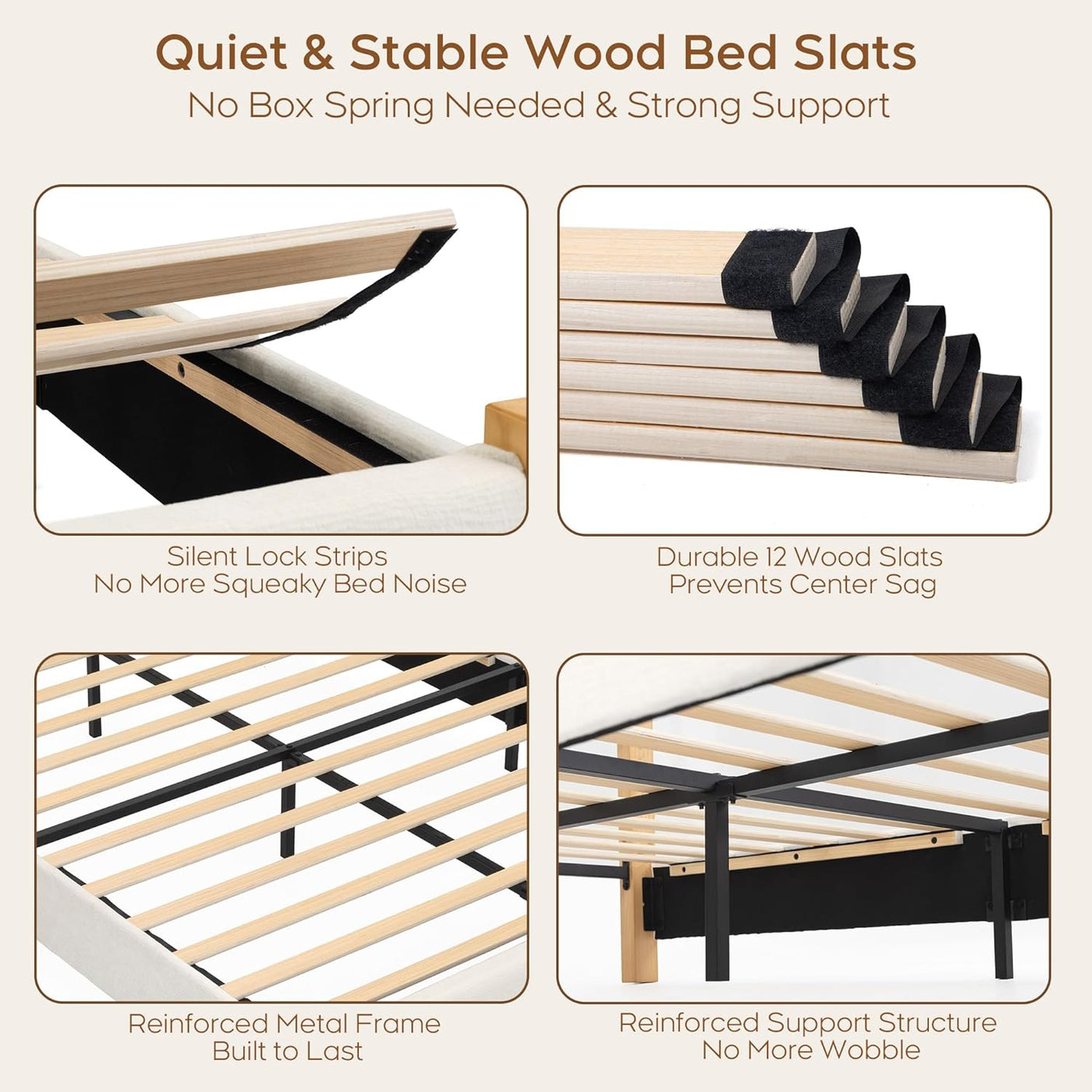 Yechen Upholstered Bed Frame with 47" Tall Headboard, Fluted Panel, Solid Pine Wood Legs, No Box Spring Needed, Off-White