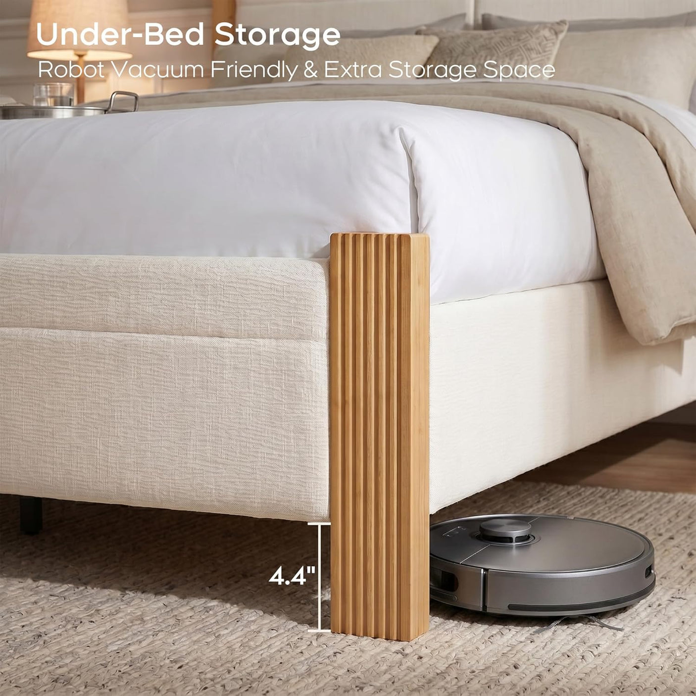Yechen Upholstered Bed Frame with 47" Tall Headboard, Fluted Panel, Solid Pine Wood Legs, No Box Spring Needed, Off-White