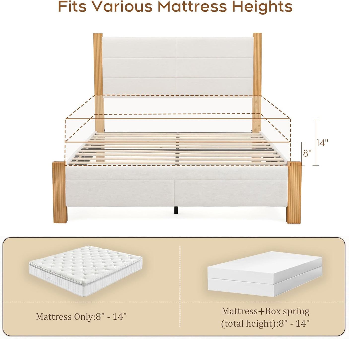 Yechen Upholstered Bed Frame with 47" Tall Headboard, Fluted Panel, Solid Pine Wood Legs, No Box Spring Needed, Off-White