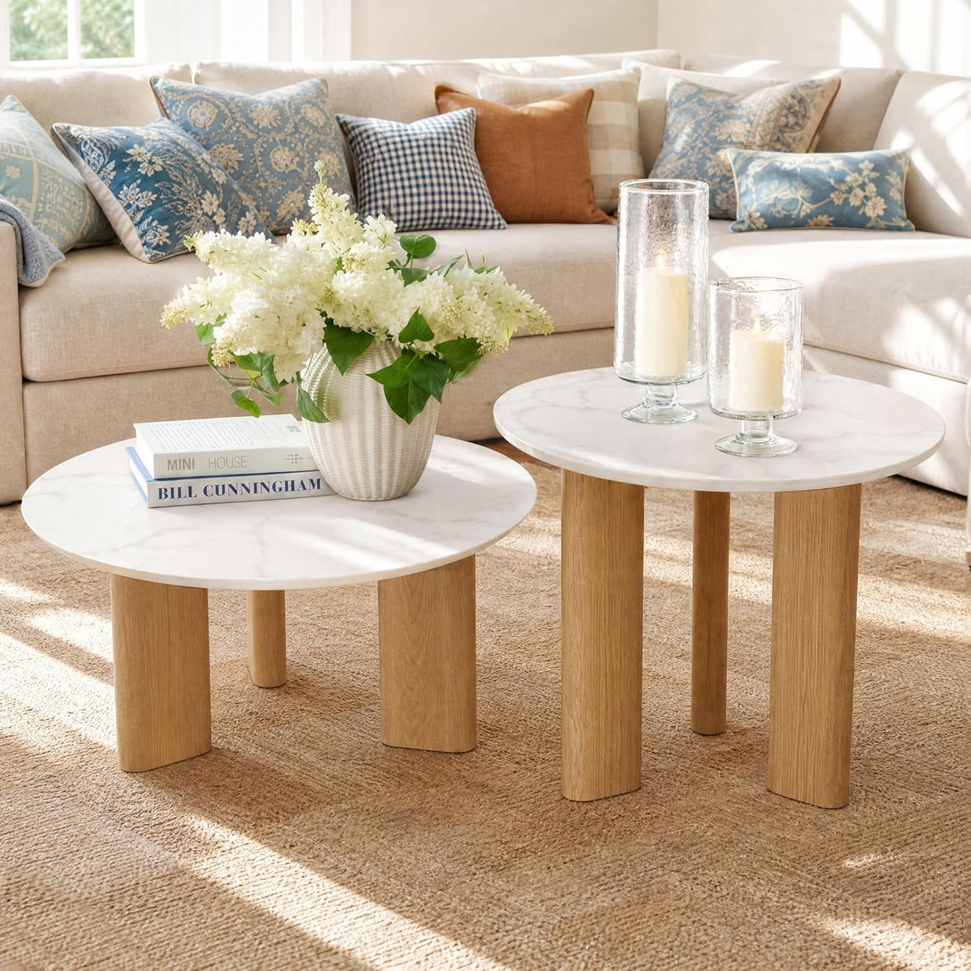 Nesting Coffee Table Set of 2 – Wood Veneer & Faux Marble | Round Mid Century Modern Center Table | Yechen Home