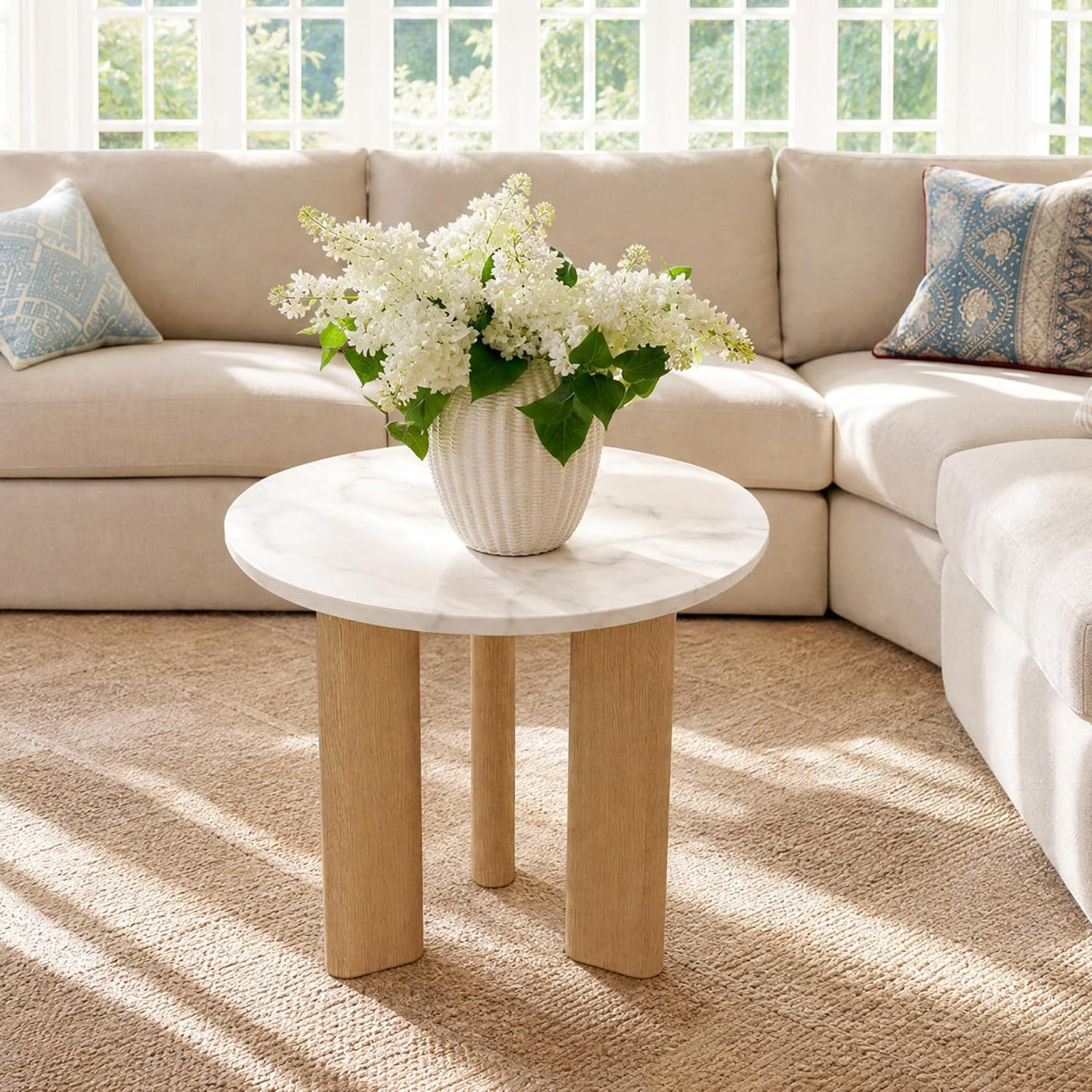 Nesting Coffee Table Set of 2 – Wood Veneer & Faux Marble | Round Mid Century Modern Center Table | Yechen Home