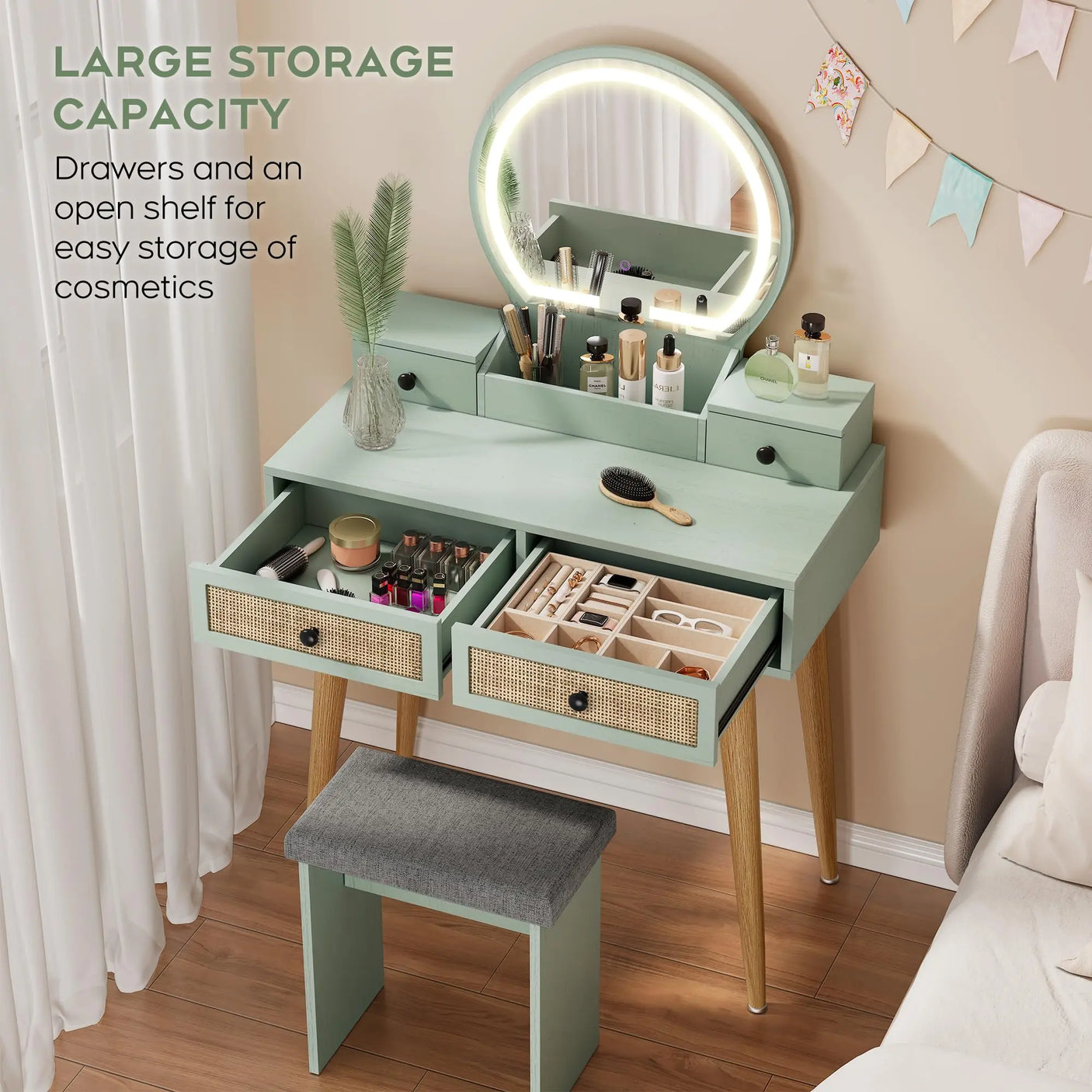 30" Vintage Makeup Vanity Table Set with Flip-Top Mirror & Rattan Drawers, Compact Dressing Table with Padded Stool