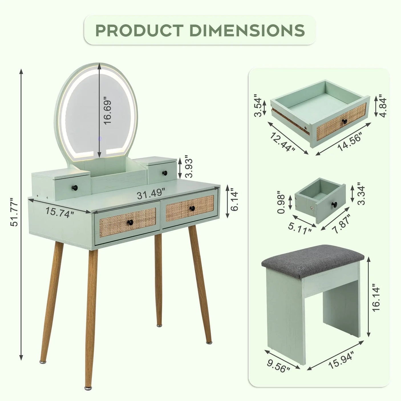 30" Vintage Makeup Vanity Table Set with Flip-Top Mirror & Rattan Drawers, Compact Dressing Table with Padded Stool