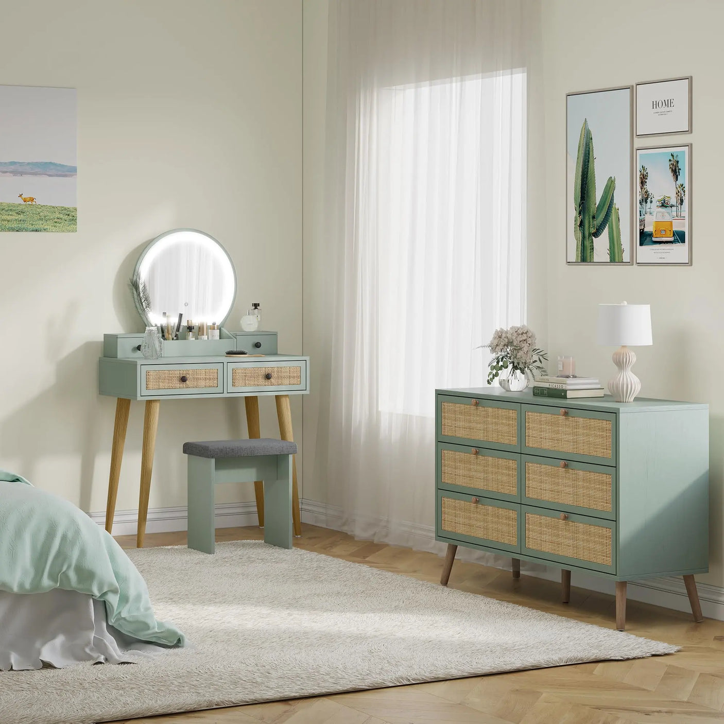 30" Vintage Makeup Vanity Table Set with Flip-Top Mirror & Rattan Drawers, Compact Dressing Table with Padded Stool